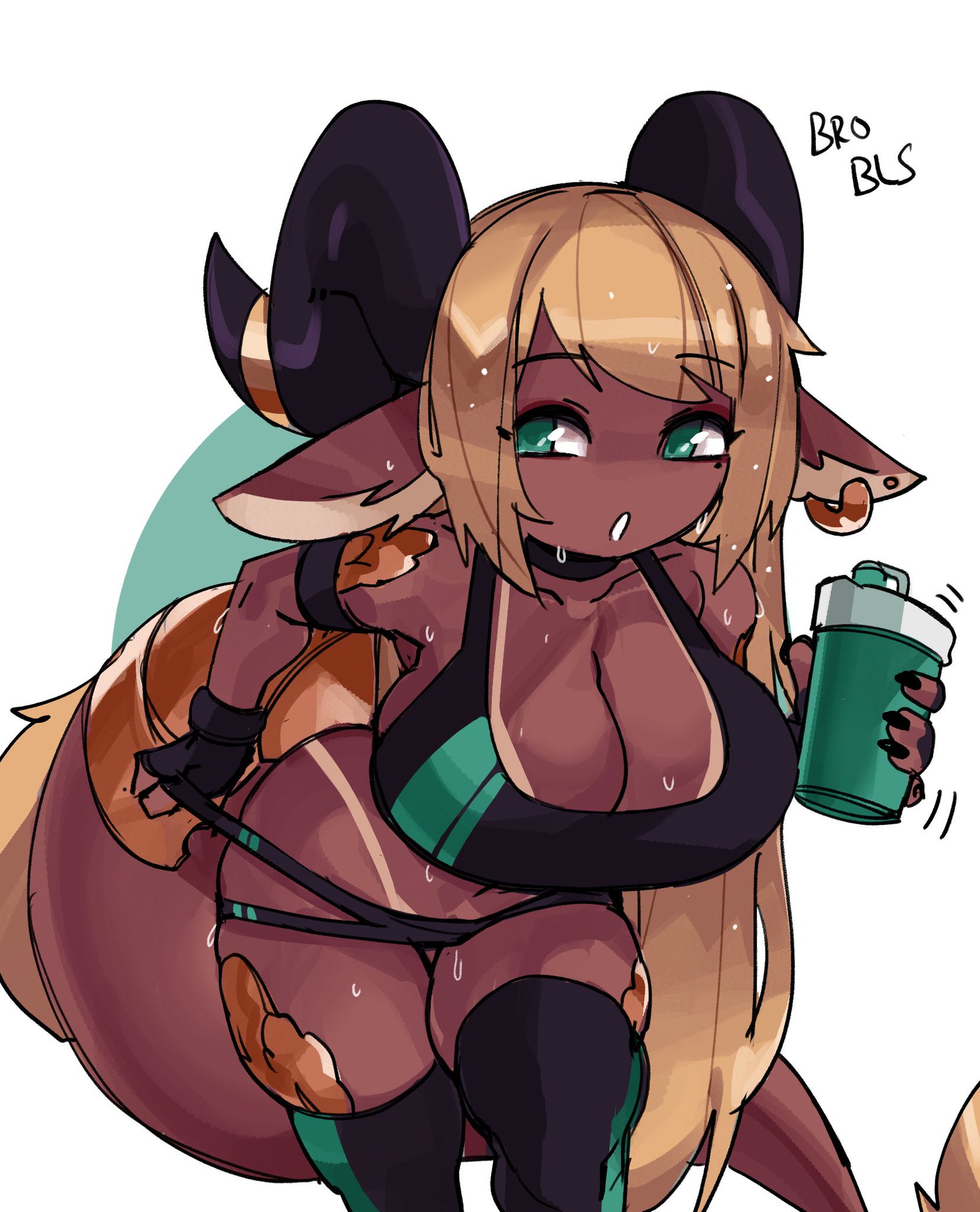 athletic, bent over, blonde hair, breasts, dark skin, dragon, female, green eyes, horns, large breasts, long hair, original, pyrite (kanel), scales, sports bra, sweat, tagme, tail, tanline, thick thighs, thighhighs, zanamaoria