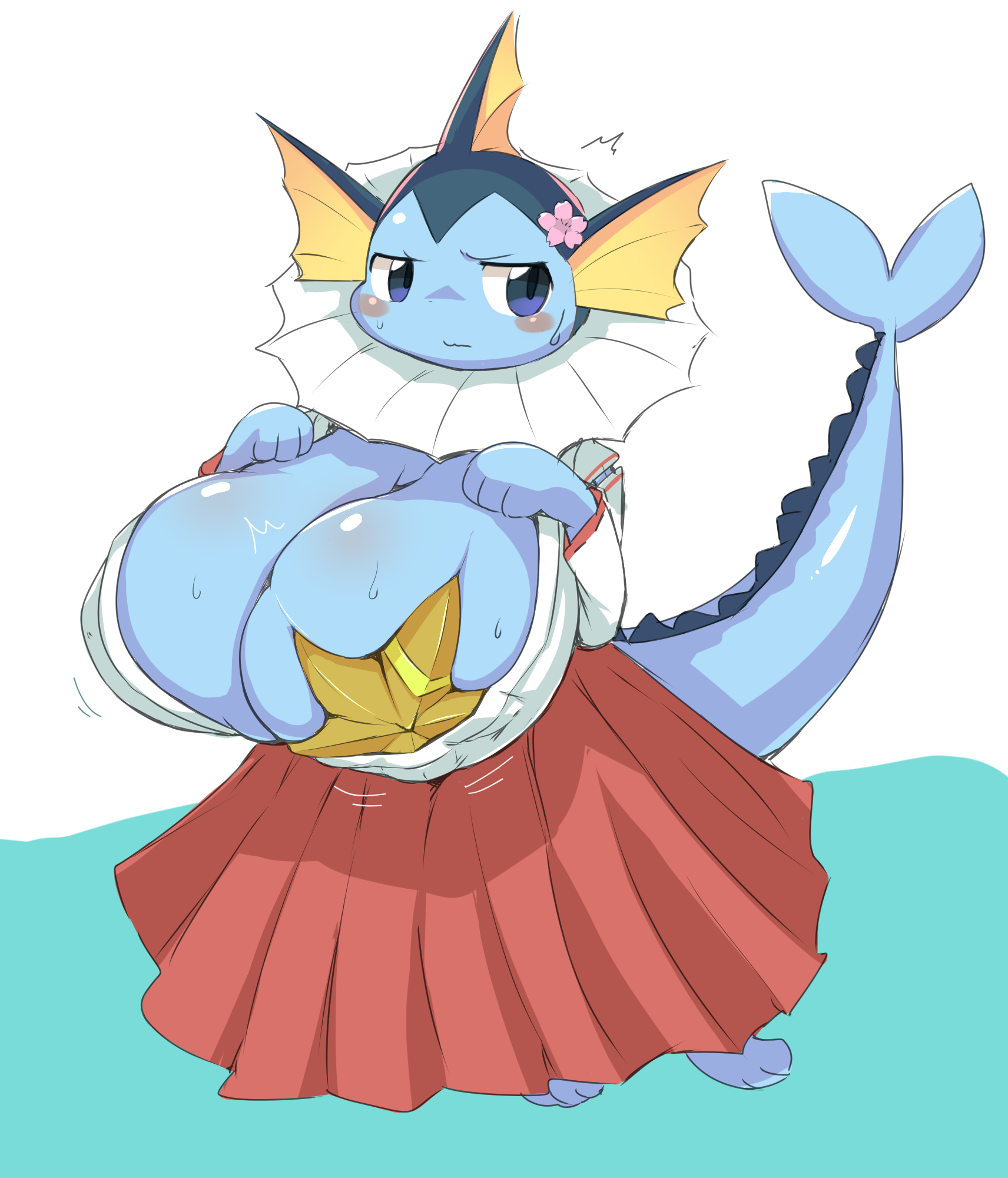 angry, annoyed, anthro, big breasts, blush, breasts, covered nipples, female, female only, game freak, hakama, huge breasts, kimono, large breasts, nintendo, obikuragetyan, pokémon (species), pokemon, pokemon (species), solo female, starfish, tagme, vaporeon