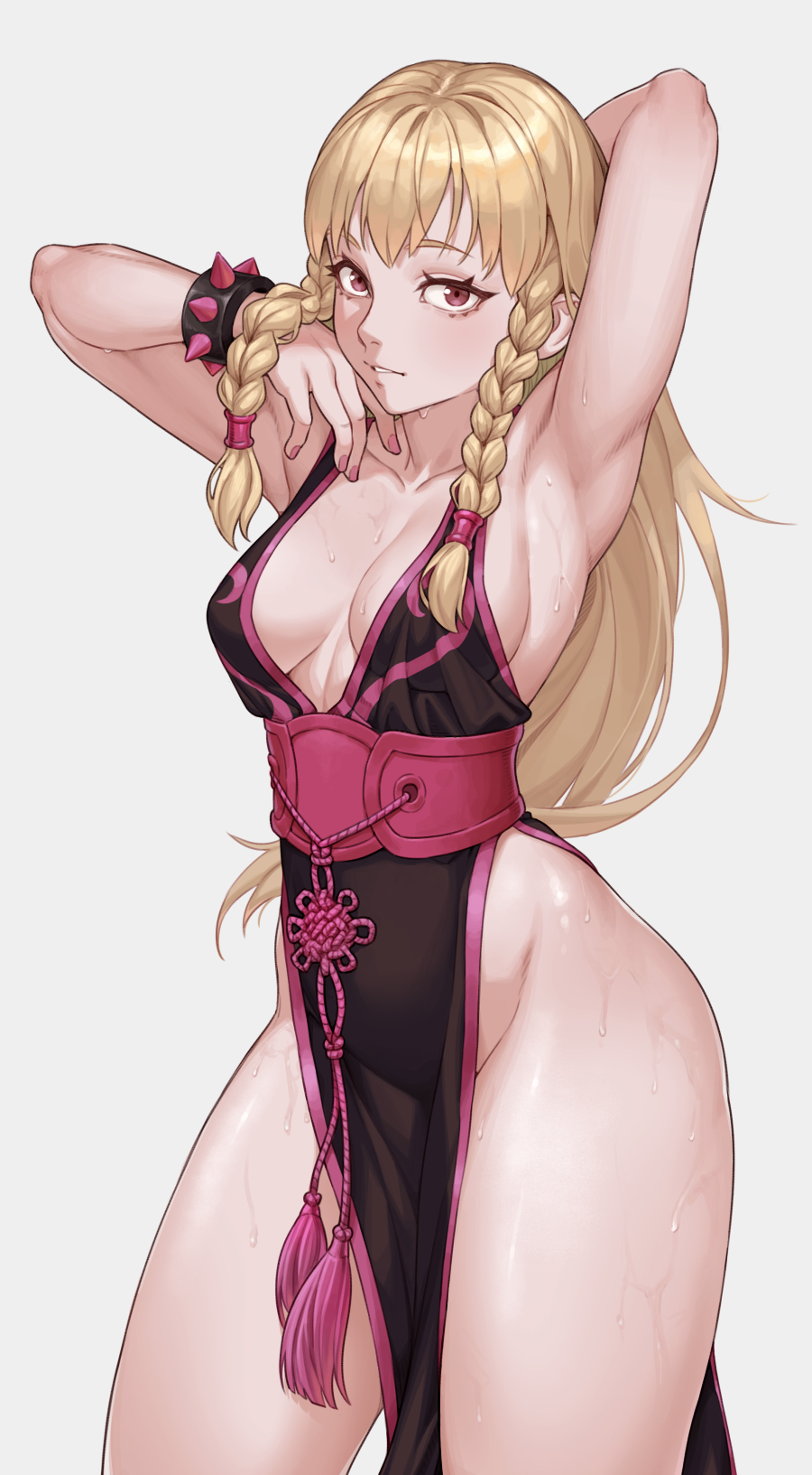 alternate_costume alternate_hairstyle armpits blonde_hair cheshirrr china_dress chun-li chun-li_(battle_ouffit_sfv) medium_breasts street_fighter street_fighter_v sweat tagme thick_thighs