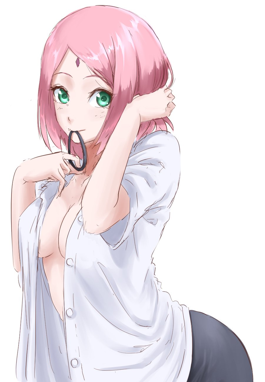 1girls, boruto: naruto next generations, clothing, facial mark, female, female only, forehead mark, green eyes, looking at viewer, naruto, naruto (series), object in mouth, open shirt, pink hair, sakura haruno, shirt, smile, solo