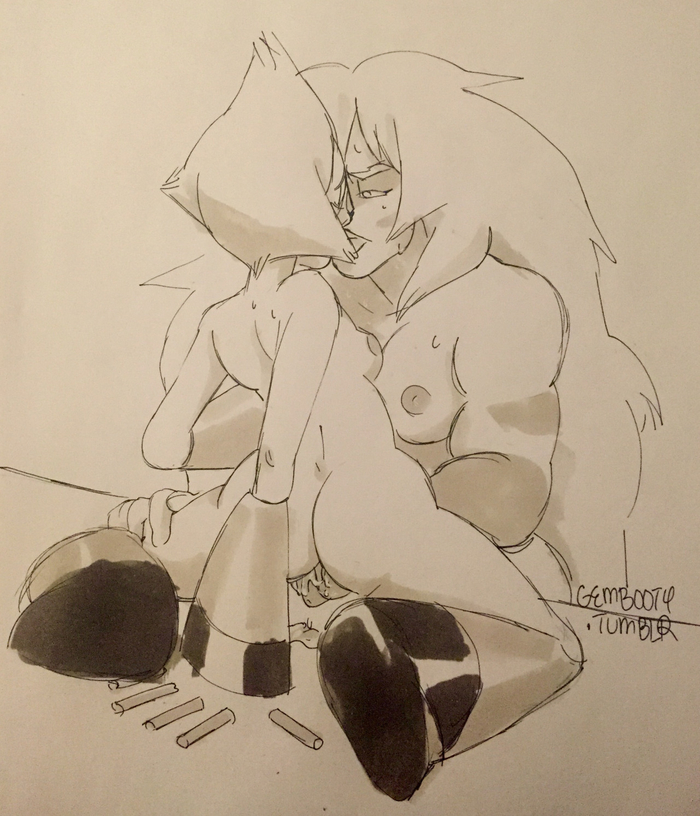 ass breasts female fingering gembooty jasper_(steven_universe) kissing limb_enhancers muscular_female peridot_(steven_universe) pussy_juice steven_universe sweat tagme yuri