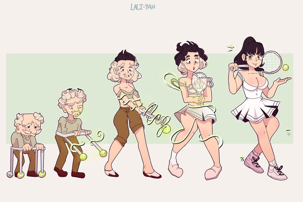 age difference, age regression, breast expansion, breast growth, breast growth (enlargement), breasts, female, gender transformation, genderswap, lali-yah, mtf transformation, rule 63, solo, tennis ball, tennis outfit, tennis racket, tennis shoes, tennis uniform, transformation