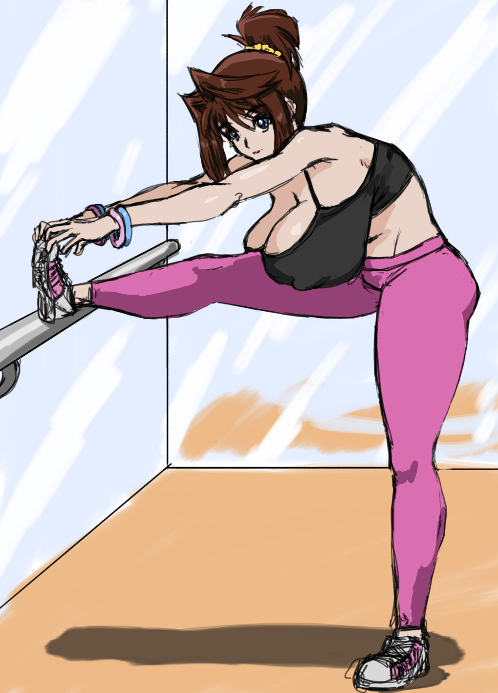 1girls big_breasts blue_eyes bracelet brown_hair cleavage female huge_breasts human shoes solo solo_female stretching sweatpants tea_gardner yoga yu-gi-oh! yu-gi-oh!_the_dark_side_of_dimensions zahkey