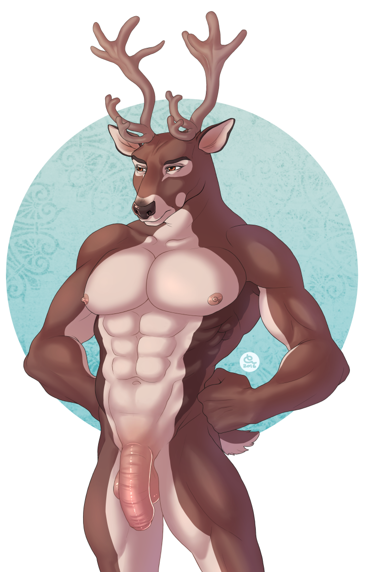 2016 abs akimbo anthro antlers balls big_penis brown_body brown_eyes brown_fur capreoline cervid flaccid foreskin fur genitals horn humanoid_genitalia humanoid_penis lilami male male_only mammal muscular muscular_anthro muscular_male navel nipples nude partially_retracted_foreskin pecs penis reindeer signature simple_background solo standing uncut