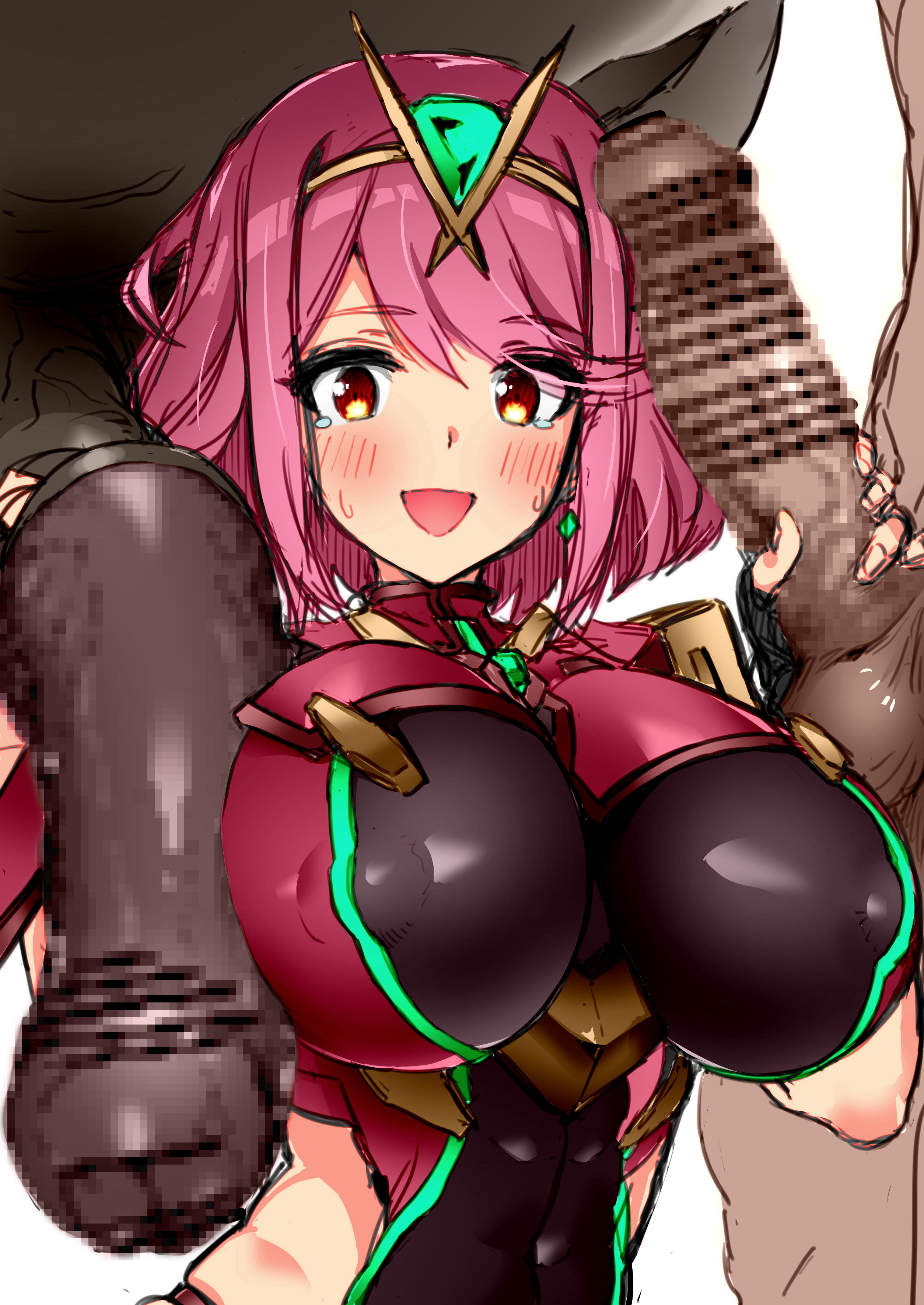1girls, 2boys, armor, bangs, bar censor, big breasts, bimbo, blush, bodysuit, breasts, censored, circlet, colored, earrings, erect nipples, erection, eyebrows, eyebrows visible through hair, female, happy, holding penis, horny, horse, horse penis, horsecock, huge breasts, huge cock, hyper penis, imminent sex, impossible bodysuit, impossible clothes, jewelry, large breasts, looking at viewer, male, mosaic censoring, multiple boys, multiple males, nintendo, nipple bulge, nipples, open mouth, penis, penis grab, pyra, short hair, simple background, smile, sruzhrt, swept bangs, tagme, tears, upper body, xenoblade (series), xenoblade chronicles 2, zoophilia