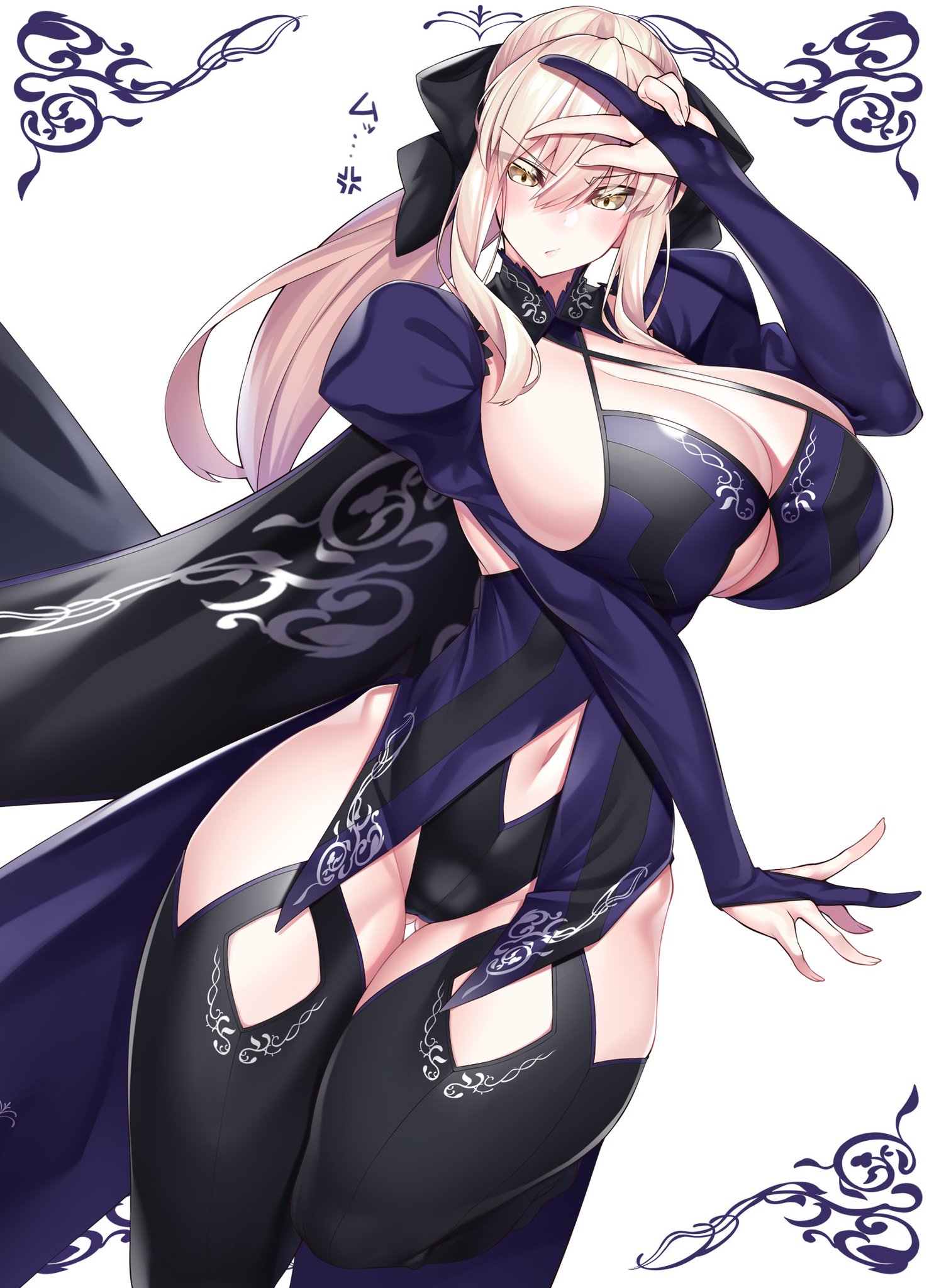 1girls, alternate breast size, alternate hairstyle, artoria pendragon, artoria pendragon (alter), artoria pendragon (lancer alter), ass visible through thighs, big breasts, breasts, curvy, dress, fate (series), fate/grand order, fate/stay night, female, female only, hair ribbon, huge breasts, light skin, light-skinned female, navel, pale skin, pale-skinned female, peace sign, ponytail, solo, thick thighs, thighhighs, watosu (watosu mama), yellow eyes