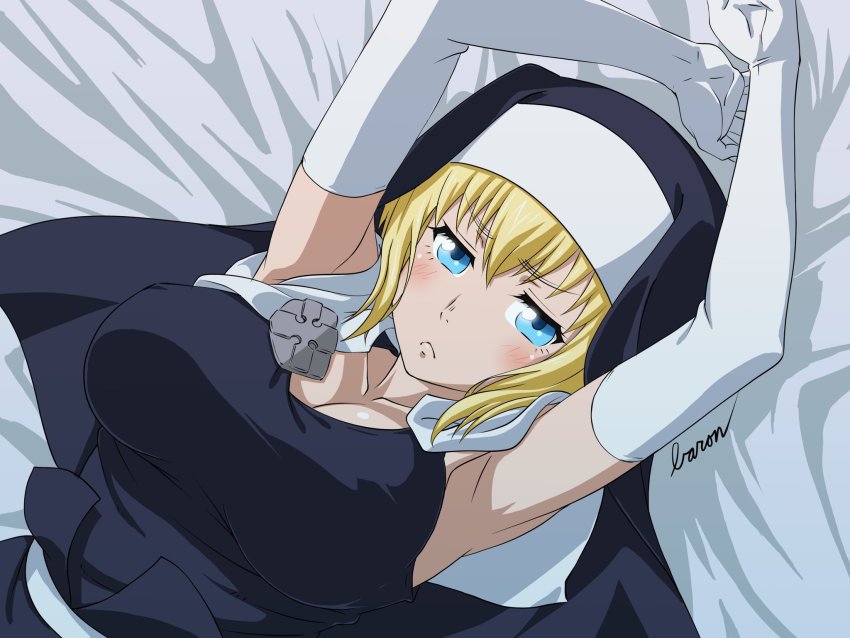 armpits arms_above_head arms_up bed blonde_hair blue_eyes breasts elbow_gloves en'en_no_shouboutai enen_no_shouboutai fire_force large_breasts looking_at_viewer medium_breasts nun on_back pout short_hair sister_iris_(enen_no_shouboutai) sister_iris_(fire_force) solo_female veil white_gloves