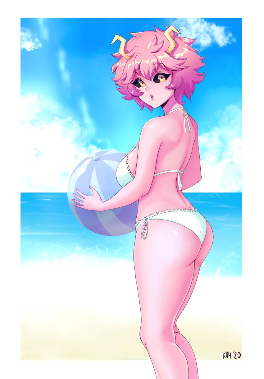 1girls, ass, beach, beach ball, bikini, breasts, female, medium breasts, mina ashido, my hero academia, ocean, pink hair, pink skin, pink-haired female, sideboob, white bikini, yellow eyes