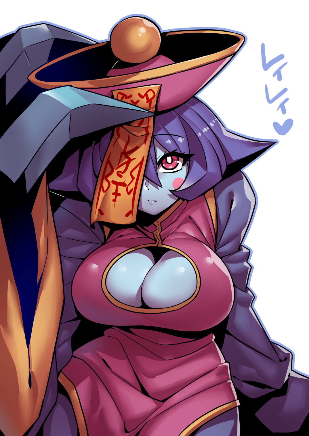 big_hands blue_eyes blue_skin blush_stickers breasts capcom chinese_clothes chinese_mythology claws cleavage clothing darkstalkers hat hsien_ko humanoid jiangshi large_breasts lei-lei lei_lei looking_at_viewer monster_girl ofuda pink_eyes qing_guanmao tsuki_wani tsukiwani tukiwani zombie