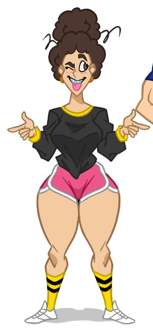 adele_williams_(wappah) big_ass black_shirt braces brown_eyes curly_hair female gym_shorts hair_bun long_sleeves offscreen_character plain_background redbone shirt shorts small_breasts solo solo_female thick_thighs tongue_out wappah wink yellow_socks