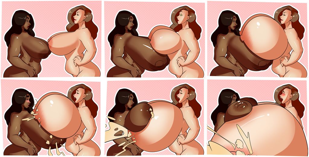 2girls, asymmetrical docking, bare shoulders, big breasts, breast envy, breast expansion, breast growth, breast growth (enlargement), breasts, breasts bigger than head, breasts bigger than torso, comic, competition, dark skin, dark-skinned female, enormous breasts, expansion, female, female only, from side, gigantic breasts, growth, hands on hips, hips, huge breasts, human, human only, humanoid, hyper, hyper breasts, lactating, lactation, light skin, light-skinned female, naked, nude, nude female, nudity, sexual competition, thick, thick thighs, thighs, top heavy, wide hips, winterwarning