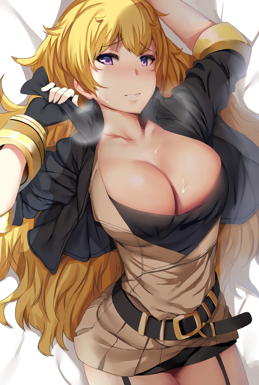 big breasts, blonde hair, breasts, busty, cleavage, clothed female, female, female focus, female only, long hair, nervous, purple eyes, rooster teeth, rwby, seductive, smile, solo, solo female, solo focus, teenager, vinpui, yang xiao long