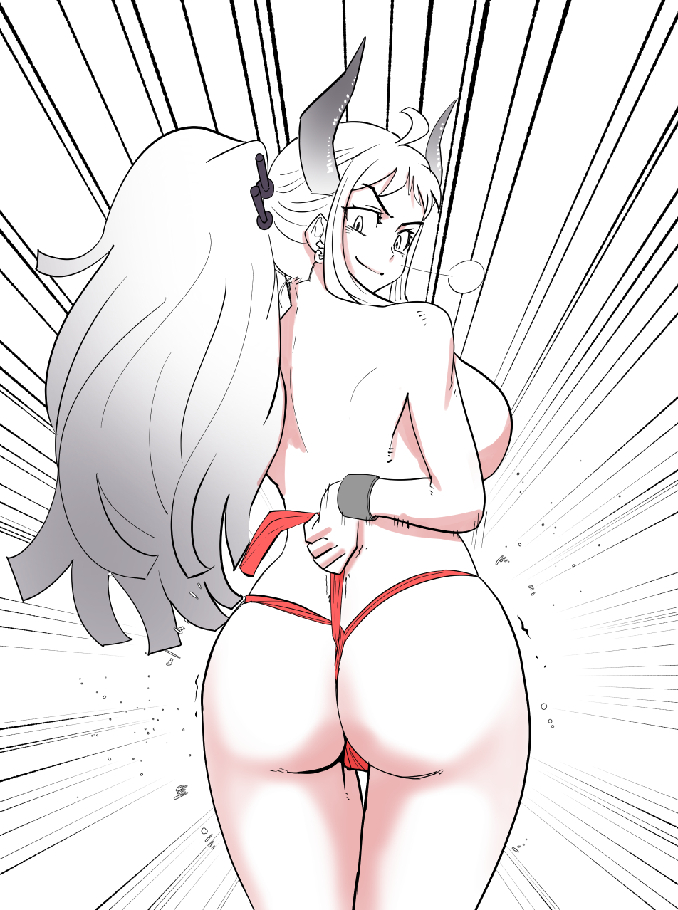 artist request, ass, big ass, big breasts, breasts, female, female only, fundoshi, hands behind back, horns, long hair, looking back, one piece, smile, twintails, white hair, yamato (one piece)