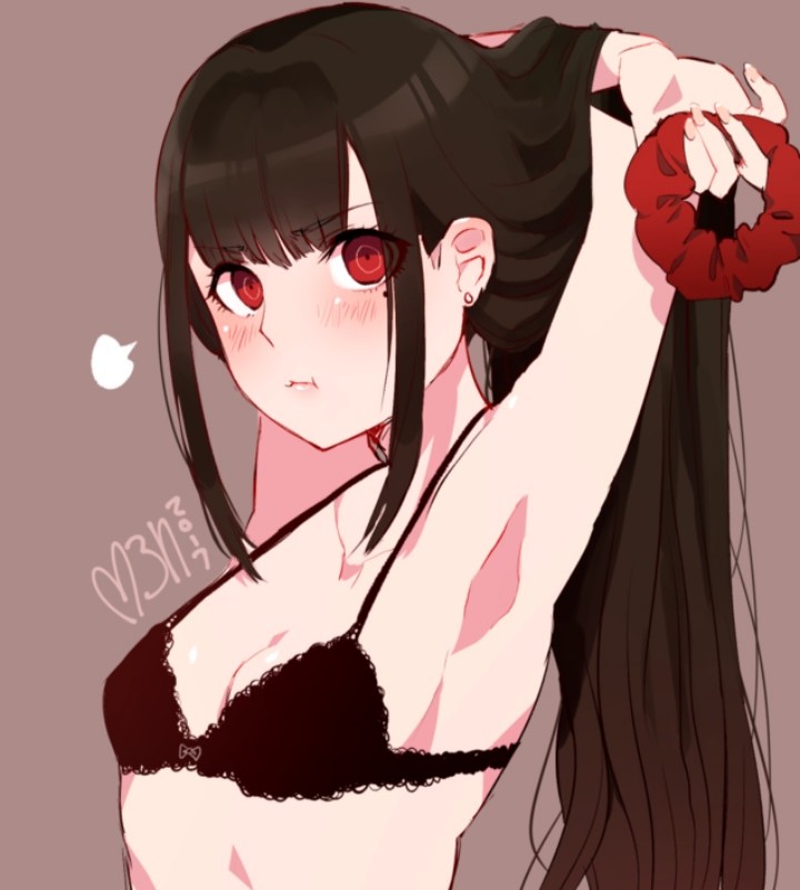 angry, armpits, arms up, black bra, black hair, blush, bra, breasts, brown hair, cute, danganronpa, danganronpa v3, dark hair, embarrassed, female, hands behind head, harukawa maki, long hair, looking at viewer, milkunaisu, new danganronpa v3, pale skin, red eyes, small breasts, straight hair, tsundere, underwear