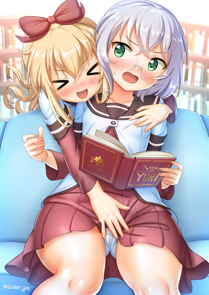 2girls artist_name blonde_hair blush book breast_grab breasts cedar_(artist) closed_eyes couch fingering glasses grabbing grabbing_from_behind green_eyes hair_ribbon ikeda_chizuru indoors long_hair multiple_girls nanamori_school_uniform on_couch panties pantyshot red_ribbon ribbon school_uniform short_hair silver_hair skirt small_breasts smile sweat thick_thighs toshinou_kyouko underwear white_panties yuri yuru_yuri