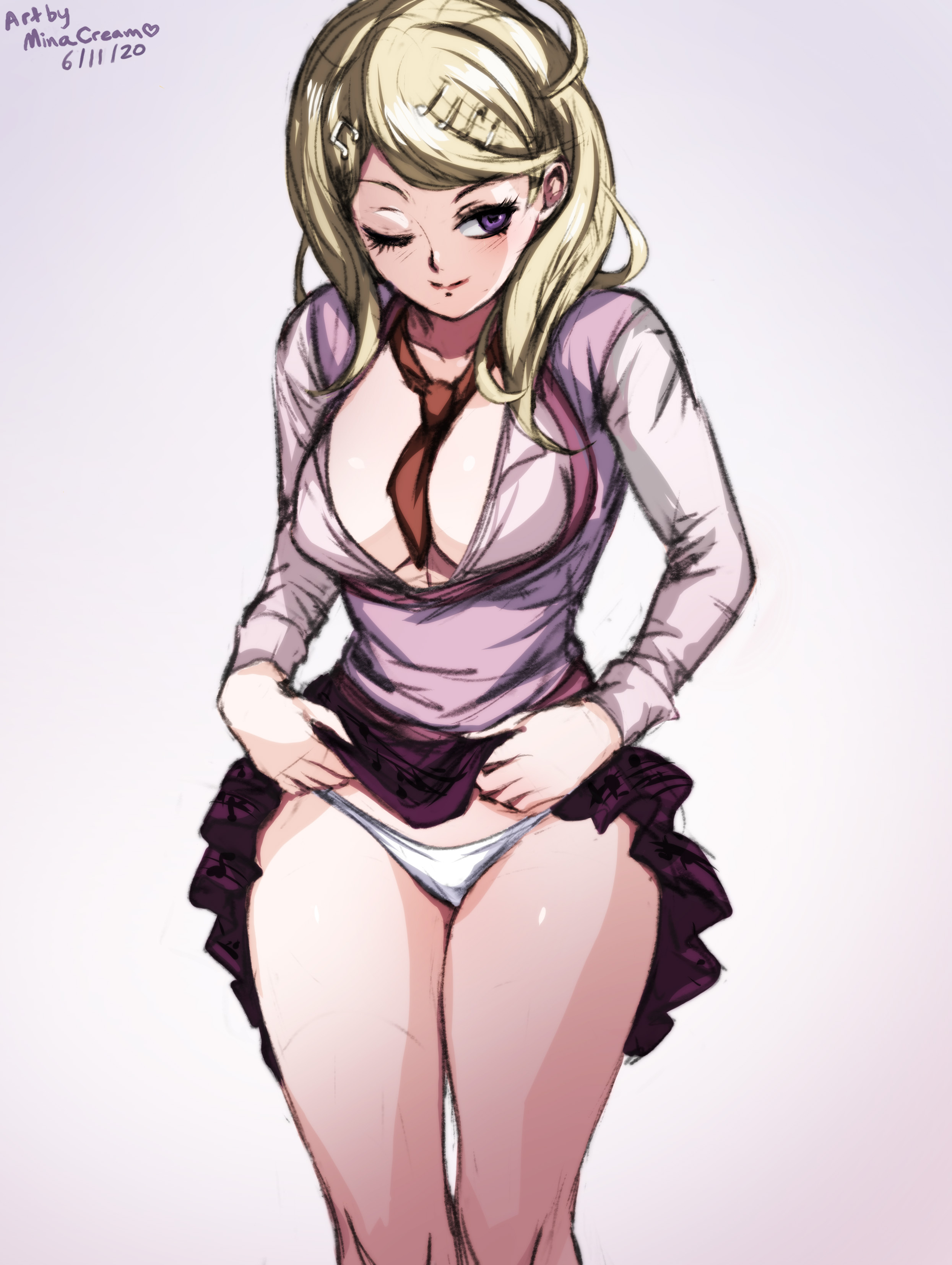 1girls, akamatsu kaede, big breasts, breasts, danganronpa, danganronpa v3, female, hairclip, highres, lifted by self, looking away, medium hair, minacream, new danganronpa v3, one eye closed, panties, presenting, presenting panties, skirt lift, smile, smooth skin, solo female, thick thighs, uniform, upskirt, white panties, wink, yellow hair