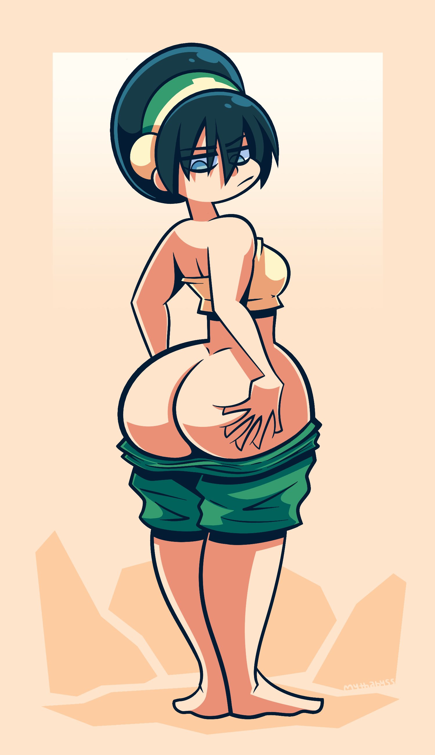 1girls, 2020, alternate breast size, ass, ass too big, avatar the last airbender, big ass, big ass (female), big butt (female), black hair, blind, breasts, bubble ass, bubble butt, clothing, female, female focus, female only, grabbing own ass, huge ass (female), inconvenient ass, inconvenient butt, looking back, looking down, medium breasts, mythabyss, nickelodeon, pants down, shorts, solo, solo female, struggling to fit, toph bei fong, touching own ass, wardrobe malfunction