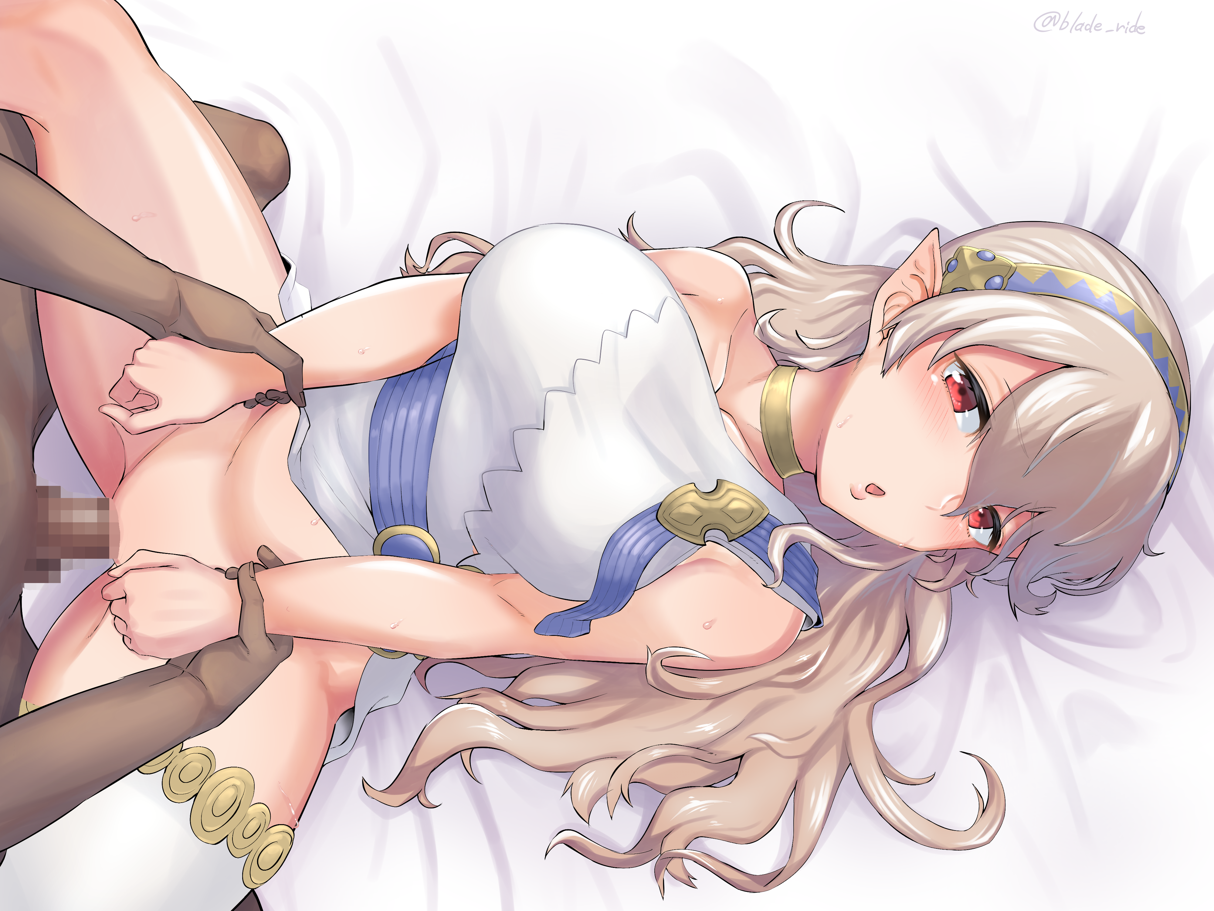 1boy, 1girls, alternate costume, bare legs, big breasts, blade ride, blonde hair, bottomless, breasts, censored, corrin (fire emblem), corrin (fire emblem) (female), dark skin, dark-skinned male, female, fire emblem, fire emblem fates, grabbing, holding, holding arm, interracial, long hair, male, manakete, nintendo, pointy ears, red eyes, sex, spread legs, stockings, straight