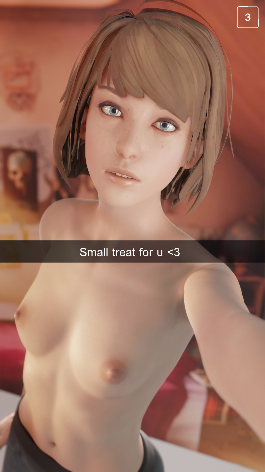1girls, 3d, areolae, blue eyes, breasts, brown hair, emily pmv, female, freckles, jeans, life is strange, max caulfield, nipples, nude, nude female, pants, photo, selfie, small breasts, snapchat, solo