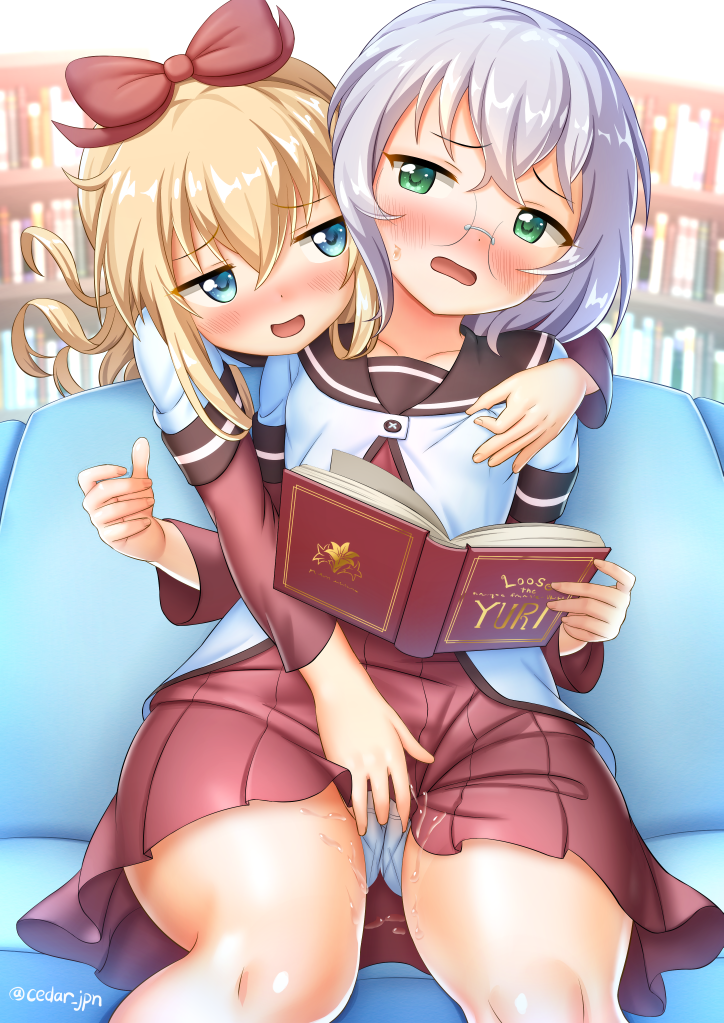 2girls artist_name blonde_hair blue_eyes blush book breast_grab breasts cedar_(artist) couch fingering glasses grabbing grabbing_from_behind green_eyes hair_ribbon ikeda_chizuru indoors long_hair looking_at_another multiple_girls nanamori_school_uniform on_couch panties pantyshot red_ribbon ribbon school_uniform short_hair silver_hair skirt small_breasts smile sweat toshinou_kyouko underwear white_panties yuri yuru_yuri