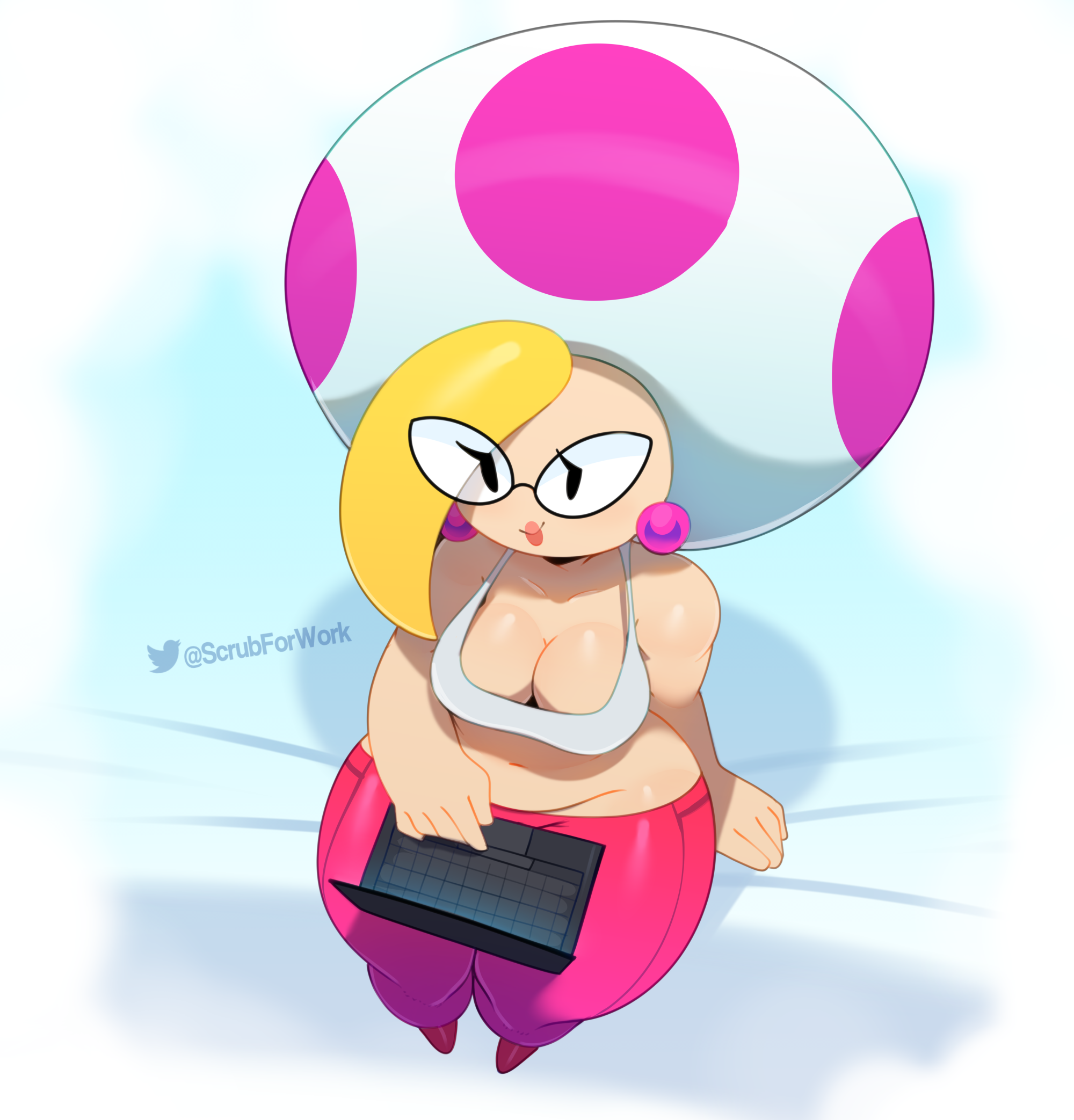 1girls, bare shoulders, big breasts, blonde hair, bra, breasts, cleavage, clothed, clothing, earrings, female, female only, footwear, glasses, highres, jolene (paper mario), laptop, large breasts, light skin, light-skinned female, lips, lipstick, mario (series), midriff, mushroom, nintendo, no nose, pale skin, pale-skinned female, pants, paper mario, paper mario: the thousand-year door, pearl earrings, pink lipstick, simple background, smile, solo, solo female, somescrub, thick, thick thighs, thighs, wide hips