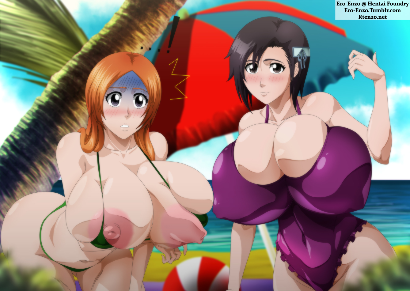 !, ...!, 2girls, alternate breast size, alternate version available, areolae, arm under breasts, artist name, ass, ass visible through thighs, bangs, bare shoulders, beach, beach ball, beach towel, big ass, big breasts, big nipples, bikini, black hair, bleach, blush, breasts, bursting breasts, cleavage, clenched teeth, clothing, cloud, collarbone, curvy, duo, embarrassed, erect nipples, ero-enzo, eyelashes, female, female focus, female only, g-string, grey eyes, hair ornament, hinamori momo, hips, huge breasts, human, inoue orihime, large areolae, large ass, large breasts, leaning forward, long hair, looking at viewer, micro bikini, multiple females, multiple girls, navel, nipple bulge, nipple slip, nipples, nipples visible through clothing, ocean, one-piece swimsuit, orange hair, outdoors, outside, palm tree, parted bangs, parted lips, revealing clothes, rtenzo, sand, shiny skin, short hair, skimpy, skindentation, smile, swimsuit, teeth, thighs, thong, tree, umbrella, url, voluptuous, wardrobe malfunction, water, watermark, wide hips