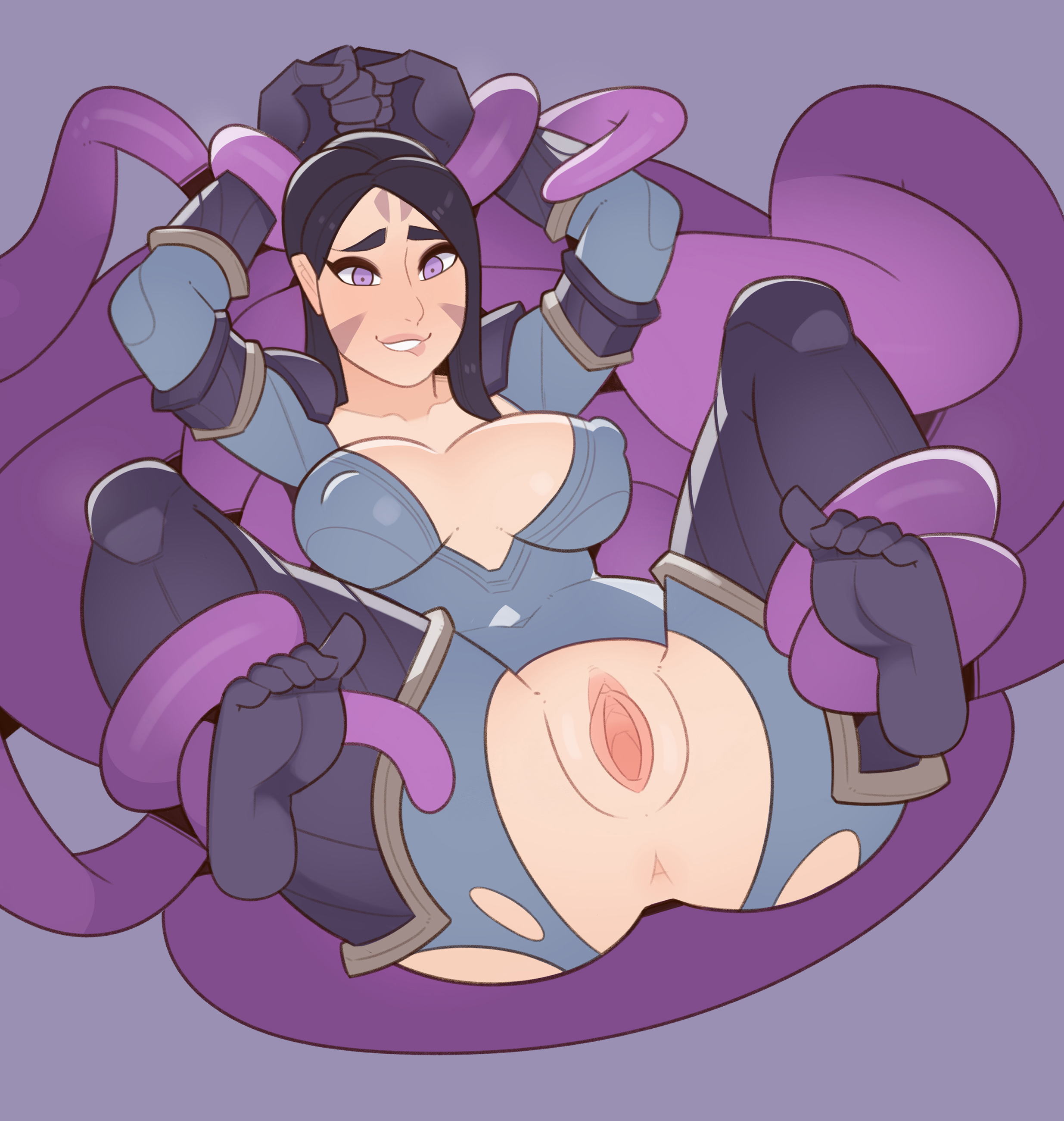 1girls, anus, arms above head, biting lip, black hair, bodysuit, bondage, breasts, cleavage, erect nipples, face markings, feet, female, foot fetish, kai'sa, league of legends, nipples, pussy, restrained, skin tight, splashbrush, spread pussy, tentacle, tentacle sex, torn clothes