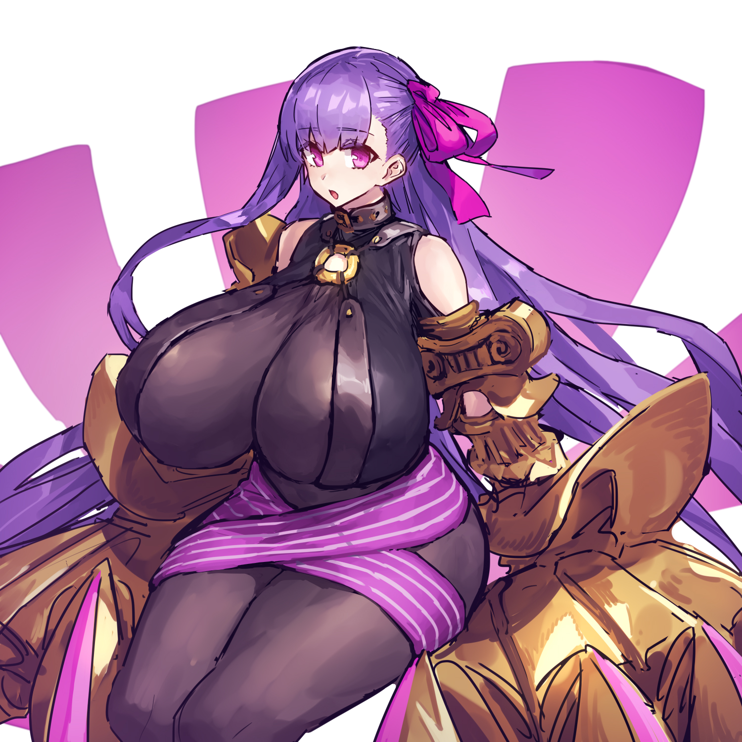 big breasts, breasts, cleavage, collar, fate (series), fate/extra ccc, fate/grand order, female, hair ribbon, huge breasts, looking at viewer, melon22, open mouth, passion lip, pink eyes, purple hair, sitting, thick thighs
