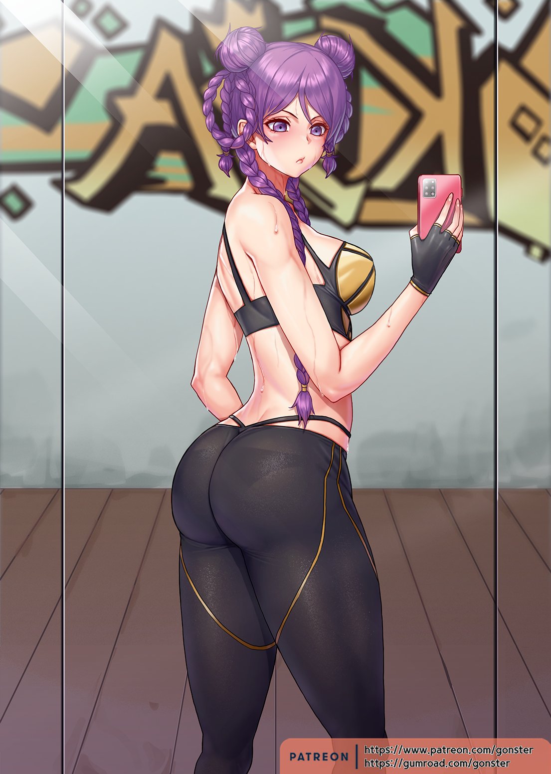 big_ass fully_clothed gloves gonster k/da_kai'sa k/da_series kai'sa league_of_legends mirror_selfie phone purple_eyes purple_hair selfie sweat thick_thighs tight_clothing whale_tail