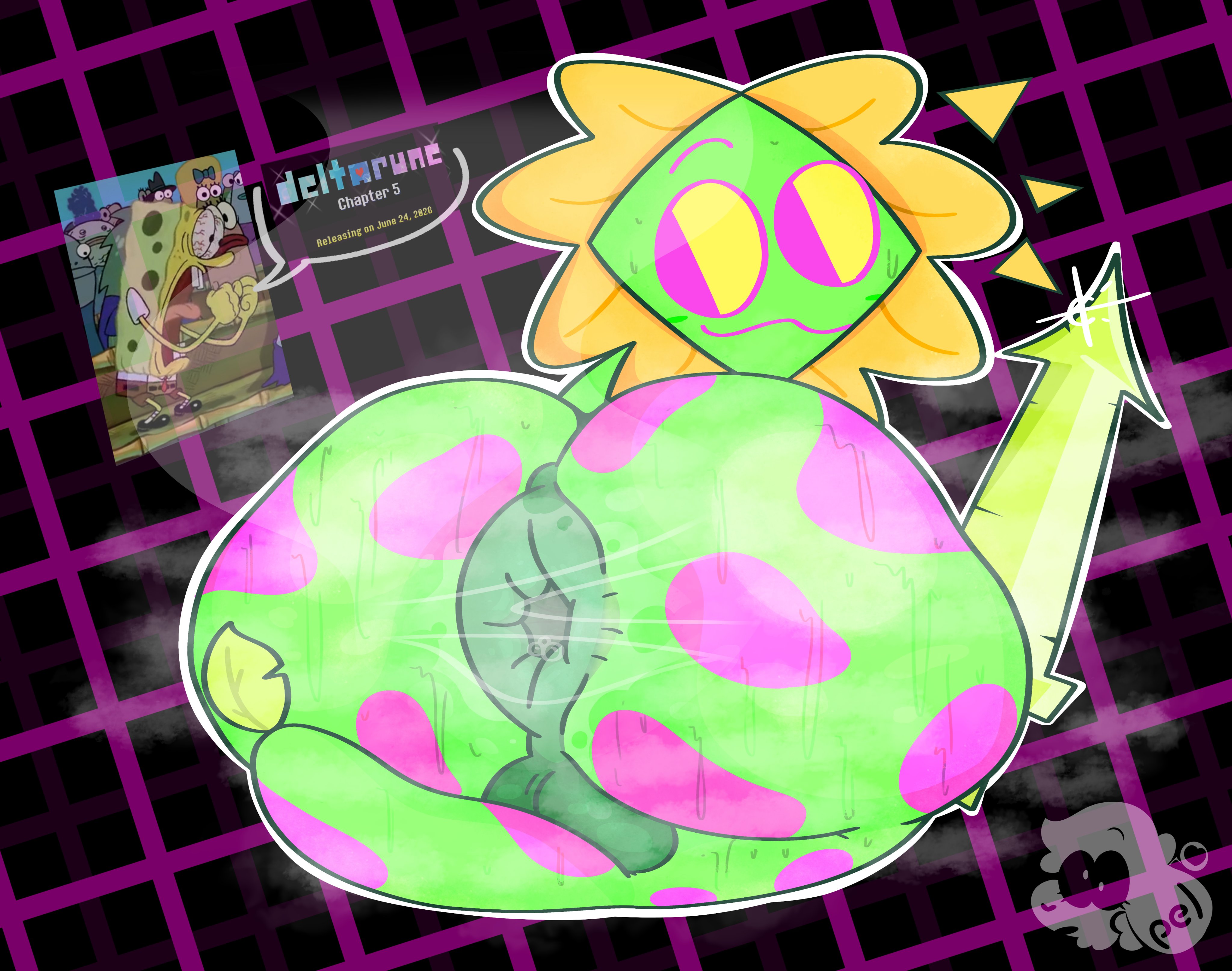 :3, balls, cute, cute face, darkner, deltarune, deltarune chapter 5, dots, exposed ass, exposed balls, fat ass, floradinn, flower, flower creature, flower petals, green body, implied penis, legless, logo, meme, nude, nude male, open anus, pelnsfw, purple dots, purple eyes, purple pupils, purple spots, shiny, silly, silly face, solo, spongebob squarepants, spongebob squarepants (character), spots, sword, tail, yellow sclera