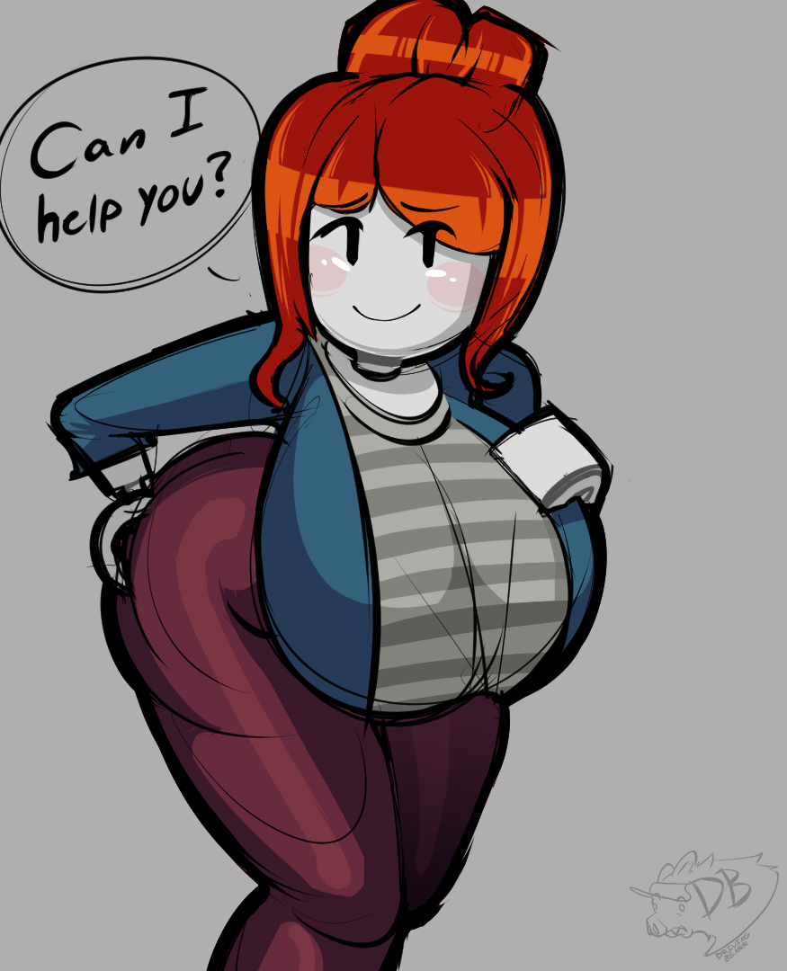 1girls acorn_hair ass big_ass blush clothed drivingbearr female female_focus hands_on_ass hands_on_breasts large_breasts orange_hair roblox roblox_avatar robloxian smile text text_bubble voluptuous