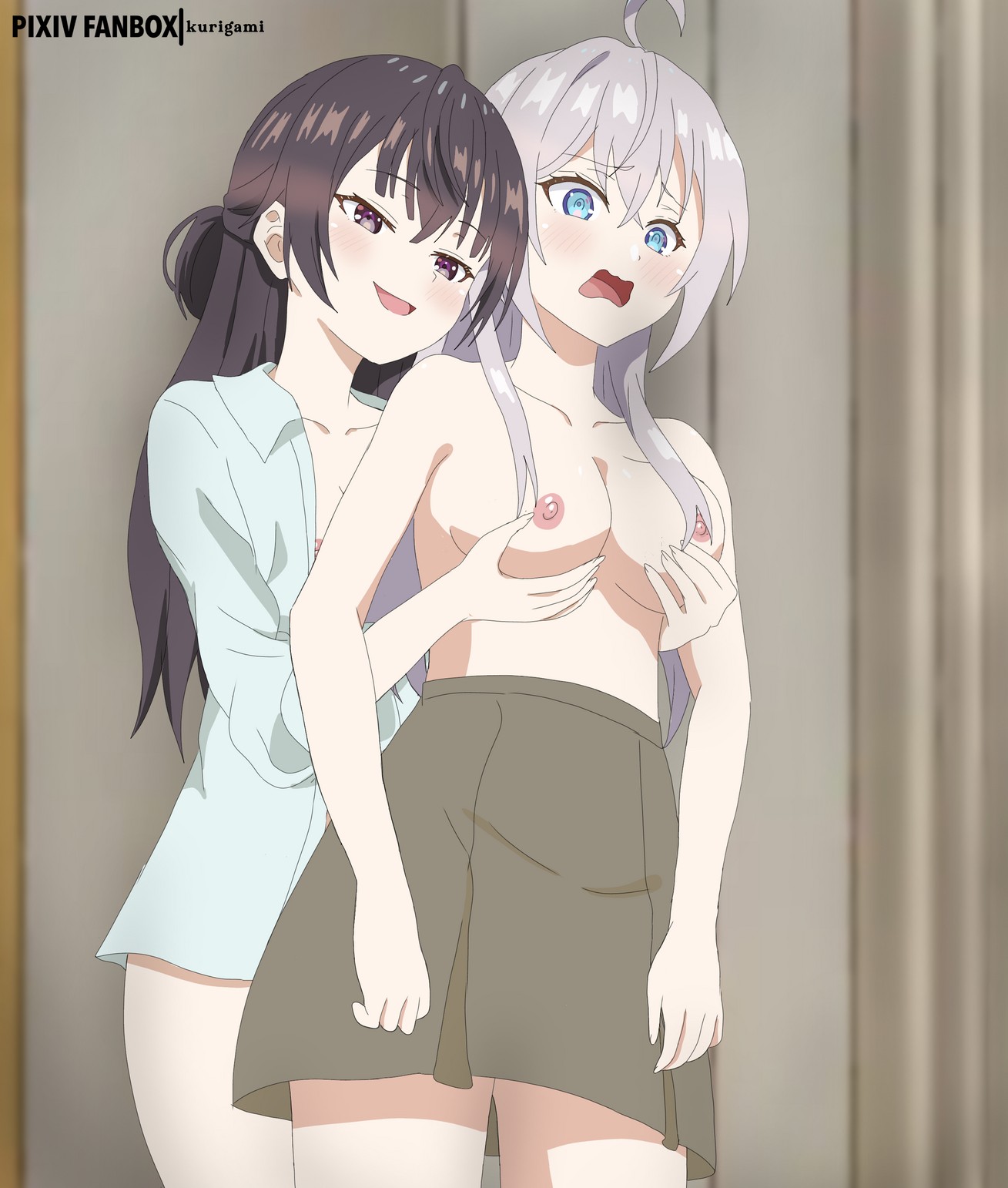 2d, 2d (artwork), 2d artwork, 2girls, ahoge, alisa mikhailovna kujou, anime, anime character, areola, areolae, asian, asian female, asian girl, assertive female, average breasts, blue clothes, blue eyes, blue shirt, blue topwear, blue-eyed female, boob grab, breast grab, breast grab from behind, breast grabbed from behind, breast lift, breast squeeze, breasts, brown eyes, brown hair, brown skirt, brown-eyed female, brown-haired female, caressing breasts, changing booth, changing room, clothes, collarbone, digital, digital art, digital drawing, digital drawing (artwork), digital media, digital media (artwork), doga kobo, dominant lesbian, double breast grab, drawing, duo, e-cup breasts, european, european female, european girl, exposed, eyebrows visible through hair, fanart, female, female focus, female on female, female only, female protagonist, female with female, female/female, fingernails, fingers, fitting room, fondling, fondling breasts, grabbing breast, grabbing breasts, grabbing breasts from behind, grabbing tits, grope, grope from behind, groped from behind, groping, groping breast, groping breasts, groping chest, groping from behind, groping through clothes, hair between eyes, half naked, half nude, half updo, high school student, holding breast, holding breasts, homosexual, homosexual female, indoor, indoor background, indoor nudity, indoors, inframammary fold, interior background, japanese, japanese female, japanese girl, kurigami, kurigamiin, lean figure, lesbian, lesbian domination, lesbian focus, lesbian only, lesbian pleasure, lesbians, lesbians naked, little sister, long hair, medium breasts, midriff, multiple females, multiple girls, naked, naked female, naked woman, narrow waist, nipples, nude, nude female, nudity, open clothes, open mouth, open mouth smile, open shirt, open topwear, parted lips, partially undressed, pink areola, pink areolae, pink nipples, portrait, pushing breasts together, pushing breasts up, rubbing breasts, russian, russian female, russian girl, school girl, semi nude, shirt, shoulders, sidelocks, silver hair, silver hair female, silver-haired female, skirt, slender body, slender waist, slim female, slim waist, smile, smiley face, smiling, smiling at another, smiling at partner, squeezing breast, squeezing breasts, squeezing breasts together, standing, submissive lesbian, suou yuki, teen girl, teenage girl, teenage tits, teenager, thighs, tokidoki bosotto russian de dereru tonari no alya-san, tongue, topless, topless female, topwear, touching breast, touching breasts, underboob, upper body, young female, young woman, yuri