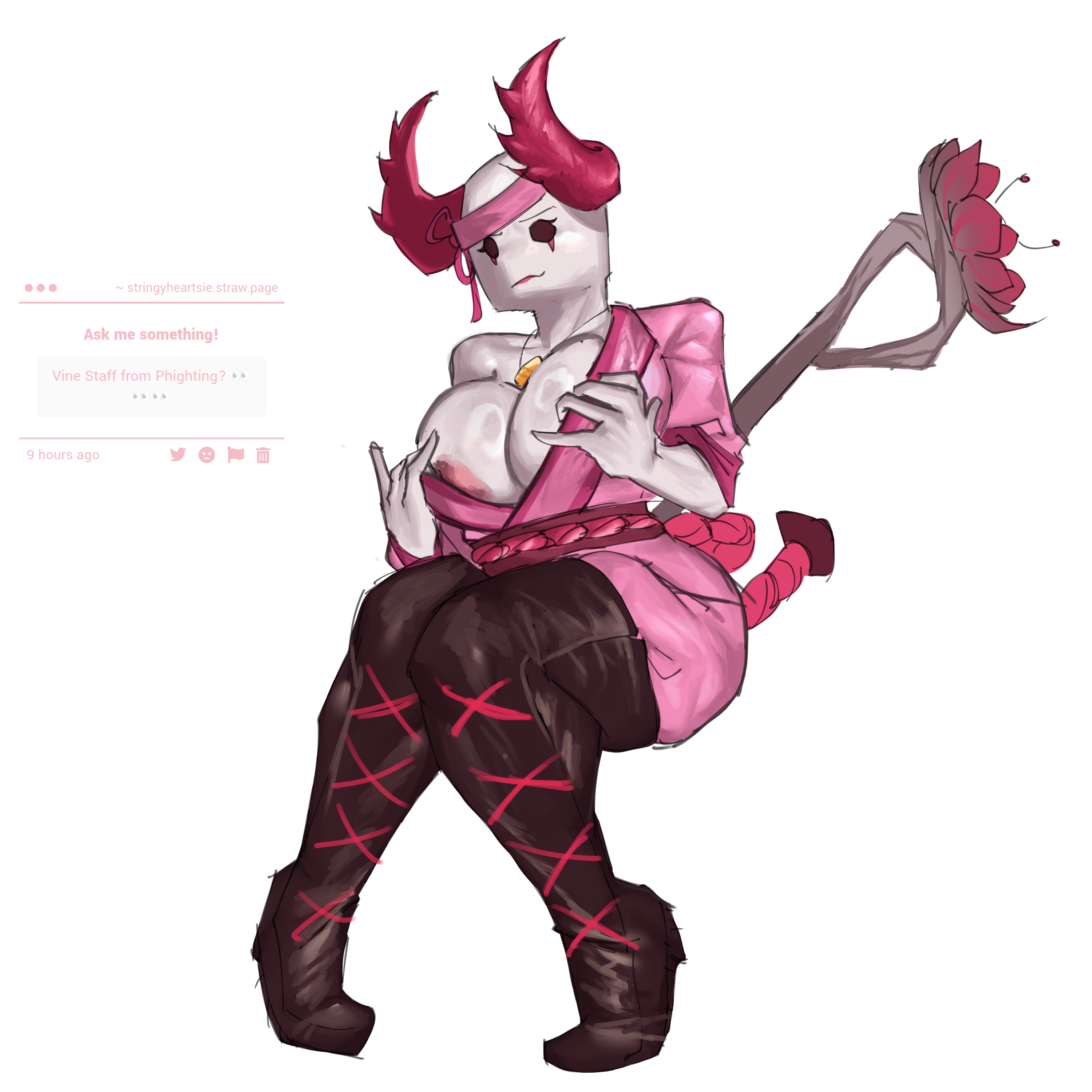 1girl, areola, areolae, big ass, big breasts, big thighs, clothed, clothed female, female, female only, horns, lornan1hater, phighting, pulling clothing, request, roblox, roblox game, robloxian, self upload, sitting, smile, solo, solo female, strawpage request, vinestaff (phighting), white body, white skin
