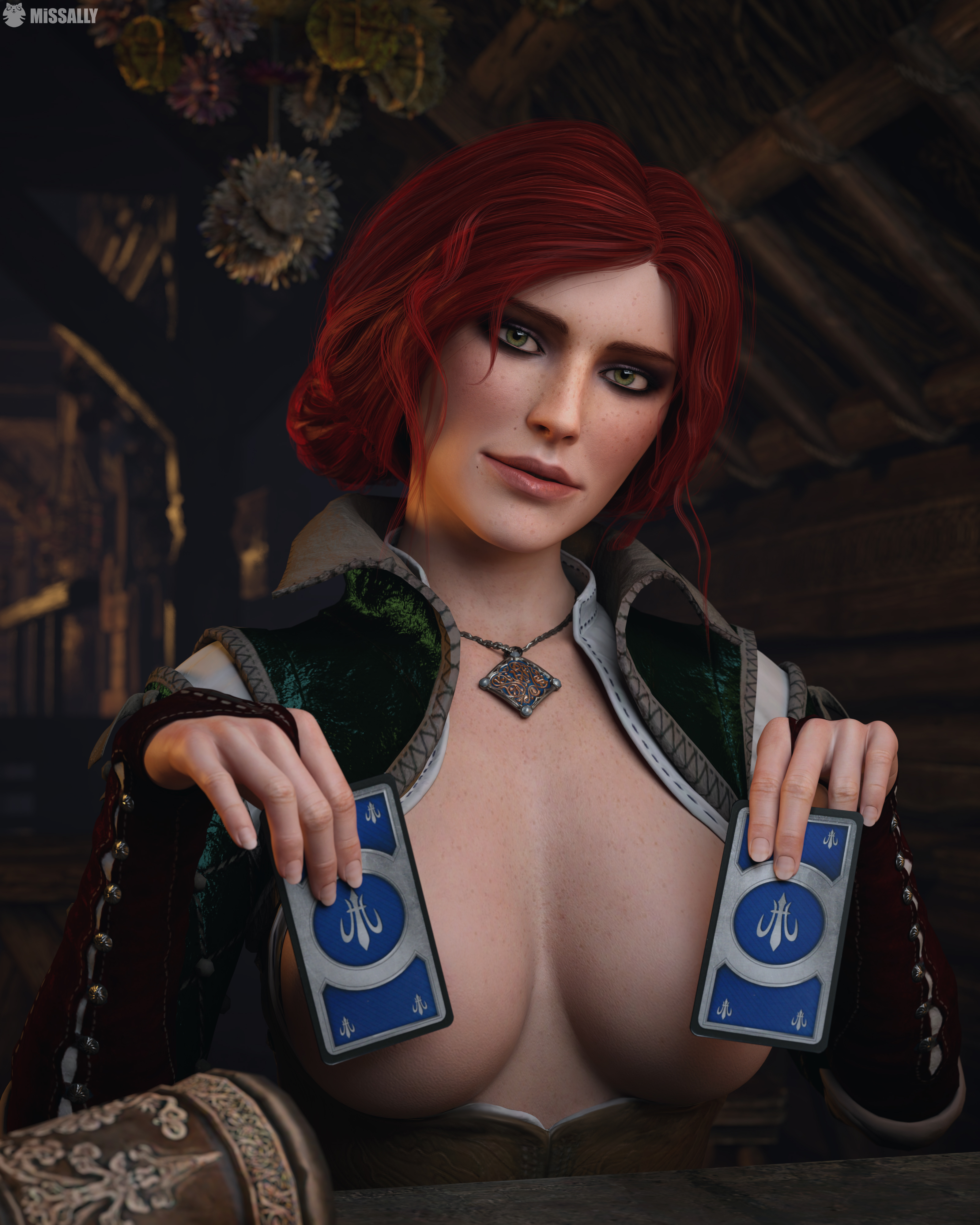 1girls, 3d, breasts, card, cd projekt red, female, freckles, freckles on breasts, freckles on face, gwent, light skin, light-skinned female, looking at viewer, mascara, missally, necklace, nipples covered, no bra, red hair, solo, solo female, tavern, the witcher (series), the witcher 3: wild hunt, triss merigold