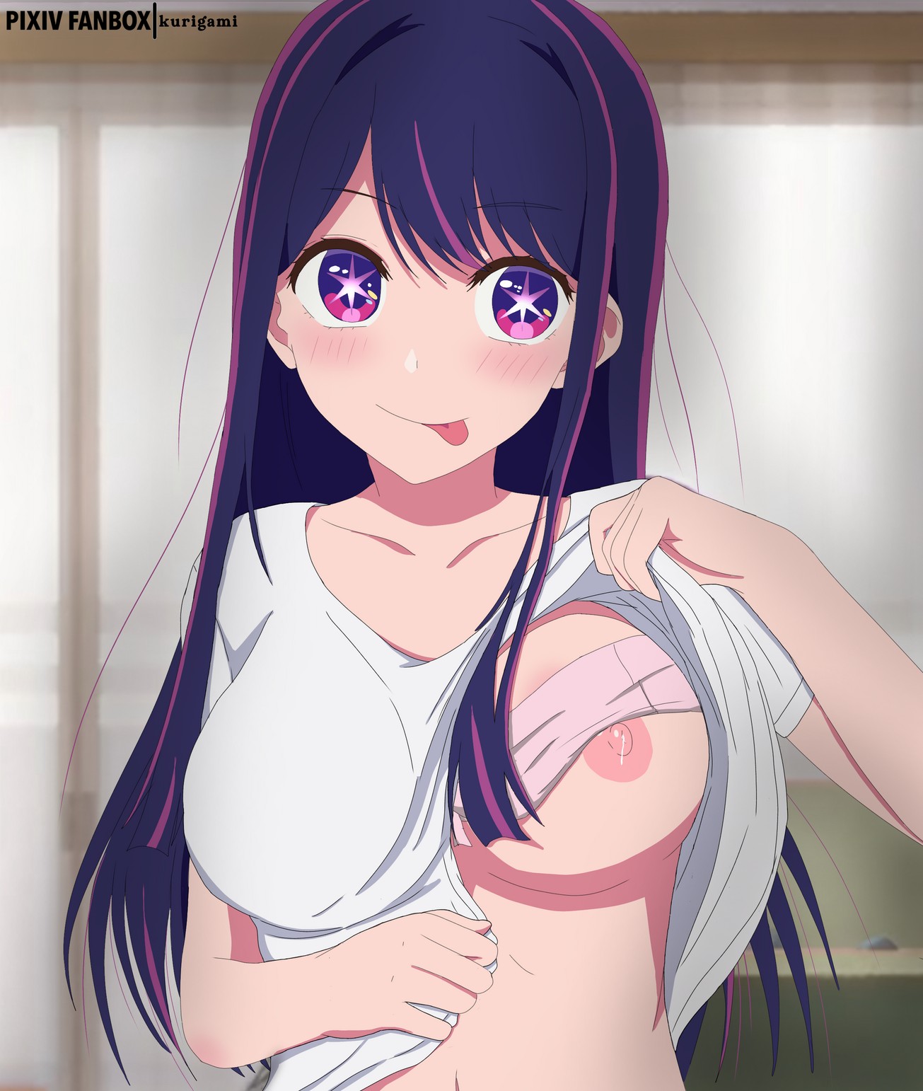 1girls, 2d, 2d (artwork), 2d artwork, adult, adult female, anime, anime character, anime milf, areola slip, areolae, areolae slip, asian, asian female, asian girl, asian woman, belly, big boobs, big breasts, blush face, blush lines, blushing, blushing at viewer, blushing female, blushing lines, breasts, busty, busty female, busty girl, busty milf, closed mouth smile, clothes, clothes aside, clothes lift, collarbone, curvy milf, digital, digital art, digital drawing, digital drawing (artwork), digital media, digital media (artwork), doga kobo, drawing, exposed, exposing, exposing breasts, exposing chest, exposing nipple, exposing self, eyebrows visible through hair, fanart, female, female focus, female only, female protagonist, fingers, flushed, flushed face, half naked, half nude, hoshino ai, hot milf, house background, indoor, indoor background, indoor nudity, indoors, inframammary fold, interior background, japanese, japanese female, japanese girl, japanese woman, kurigami, kurigamiin, lactating, lactating nipples, lactation, large boobs, large breasts, lean figure, long hair, looking at viewer, mature, mature female, mature woman, midriff, milf, milk, milk leaking, milking breasts, mother, multicolored eyes, multicolored hair, naked, naked female, naked woman, narrow waist, nipple slip, nipples, nude, nude female, nudity, oshi no ko, partially undressed, pink eyes, pink hair, pink hair female, pink-eyed female, portrait, presenting breasts, presenting nipples, purple eyebrows, purple eyes, purple hair, purple-eyed female, purple-haired female, revealing breasts, semi nude, shirt, shirt aside, shirt lift, shoulders, showing breasts, showing chest, showing nipple, shueisha, slender body, slender waist, slim female, slim waist, smile, smiley face, smiling, smiling at viewer, solo, standing, star eyes, star-shaped pupils, symbol shaped pupils, symbol-shaped pupils, tongue, tongue out, topwear, topwear aside, topwear lift, underboob, upper body, white clothes, white shirt, white topwear, woman, young jump