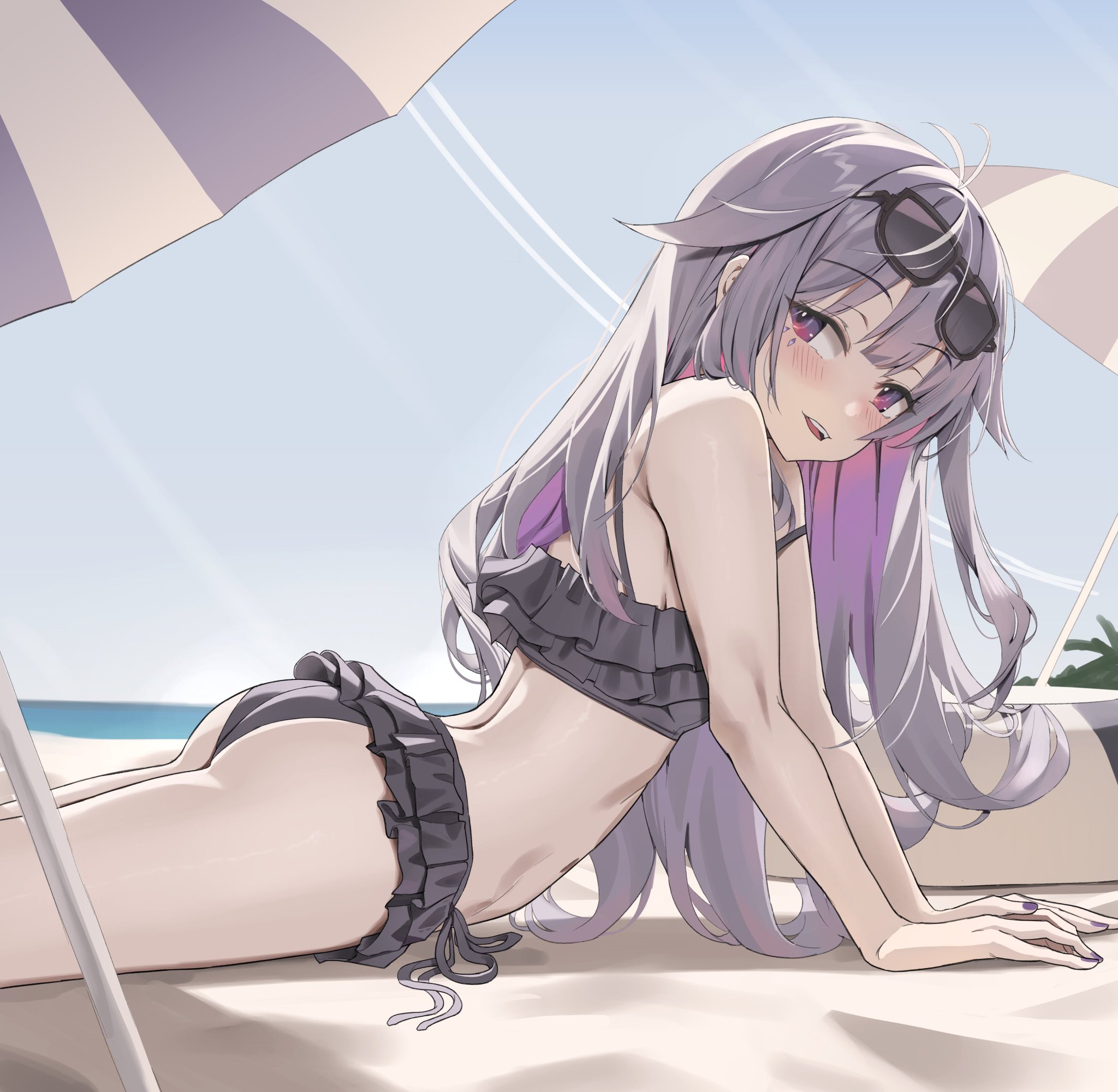 2026, 2d, 2d (artwork), ass, beach, bikini, blush, color, colored, dressing, female, female focus, female only, hololive, hololive english, hololive english -advent-, koseki bijou, light skin, light-skinned female, lingerie, lingerie only, long hair, petite, petite body, petite female, purple hair, savior4429, scarlet (wv0102), small breasts, solo, solo female, solo focus, standing, sunglasses, swimsuit, virtual youtuber