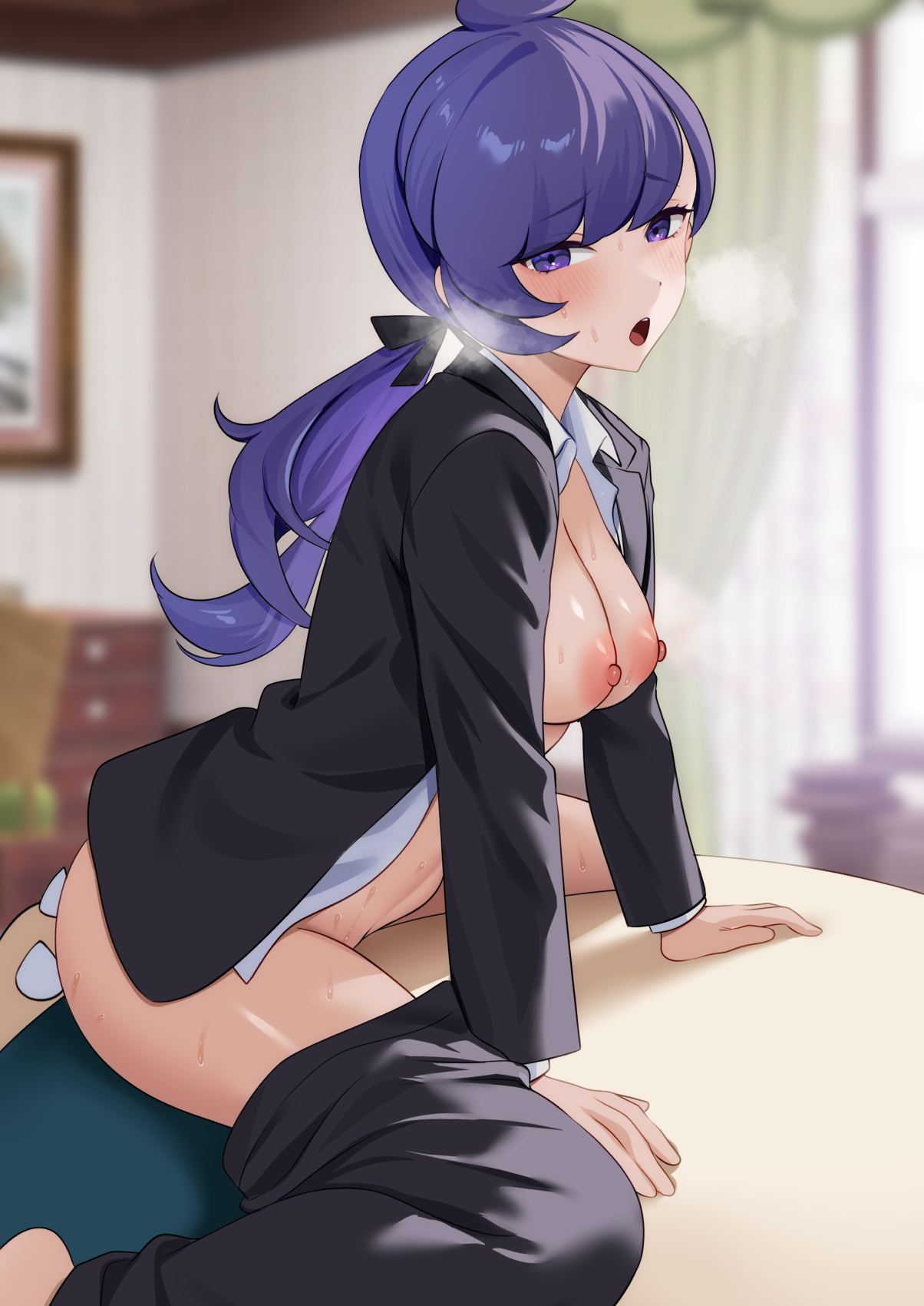 1boy, 1girls, anabel (pokemon sm), anabel (pokemon), breasts, clothed sex, clothes down, cowgirl position, female in suit, functionally nude, hotel, hotel room, indoors, indoors sex, kabigon, lila (pokemon sm), lila (pokemon), lilac eyes, lilac hair, long hair, male pokemon/female human, open mouth, open shirt, open suit, pants down, partially clothed, partially clothed female, pokemon, pokemon sm, pokephilia, ponytail, purple eyes, purple hair, sex, shoichi (artist), snorlax, steamy breath, suit, suit jacket, sweat, vaginal, vaginal penetration, vaginal sex