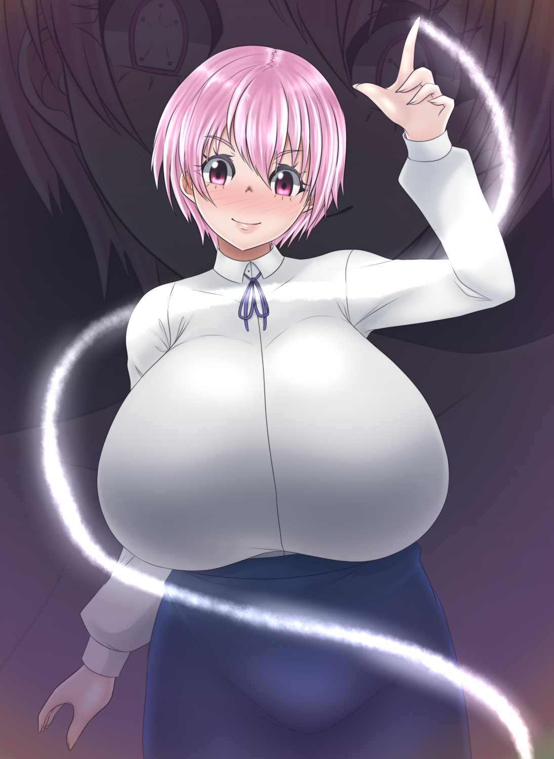 ass, big ass, big breasts, bimbo, bimbofication, breasts, enen no shouboutai, female, fire force, inca kasugatani, pink eyes, pink hair, shirt, short hair, smile
