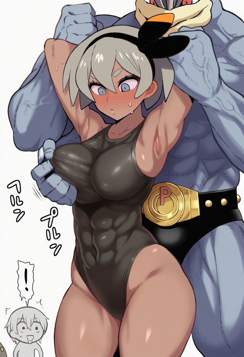 1boy, 1girls, abs, ai generated, bare arms, bare legs, bare shoulders, bare thighs, bea (pokemon), big breasts, big penis, color, dark skin, dark skinned female, female, fit female, game freak, grey hair, gym leader, hi res, huge cock, large breasts, machamp, male, male/female, massive penis, muscles, muscular, muscular arms, muscular female, muscular male, nintendo, nipple play, nipples, nude, nude female, nude male, pokemon, pokemon ss, pokemon trainer, pokephilia, short hair, thick thighs, wizai