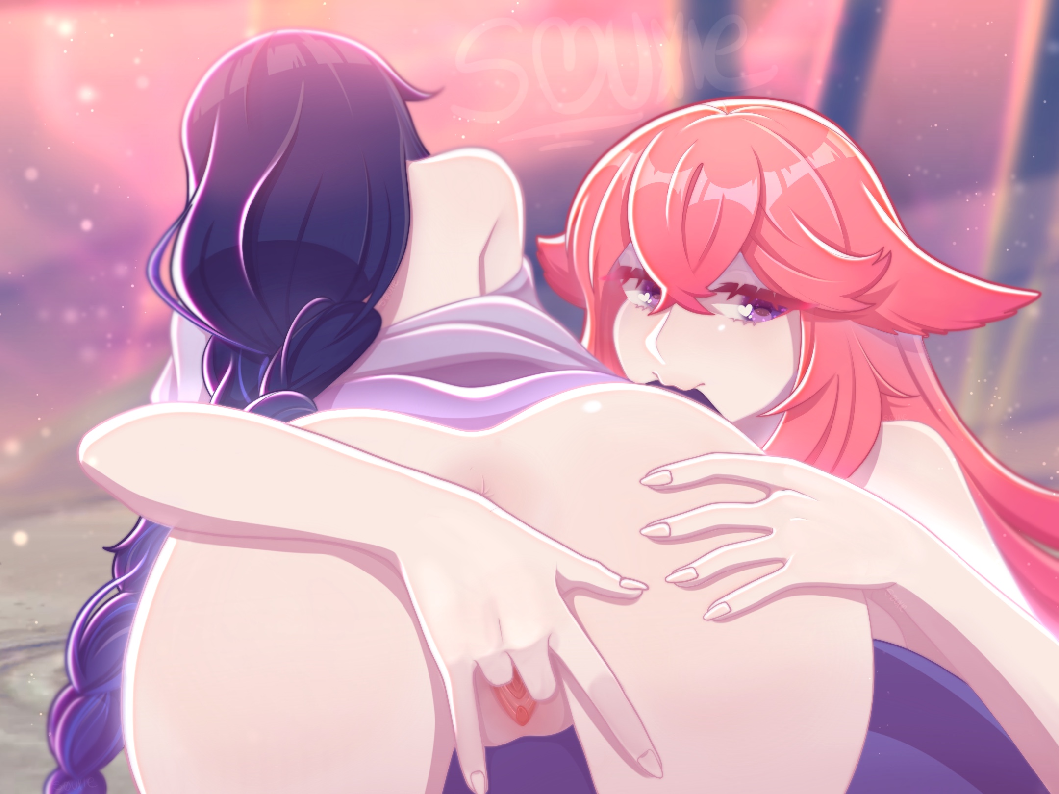 2girls, ass, back view, female, female only, fingering, fingering partner, fingering pussy, genshin impact, hand on ass, hand on butt, lesbian sex, pussy, pussy peek, raiden shogun, yae miko, yuri