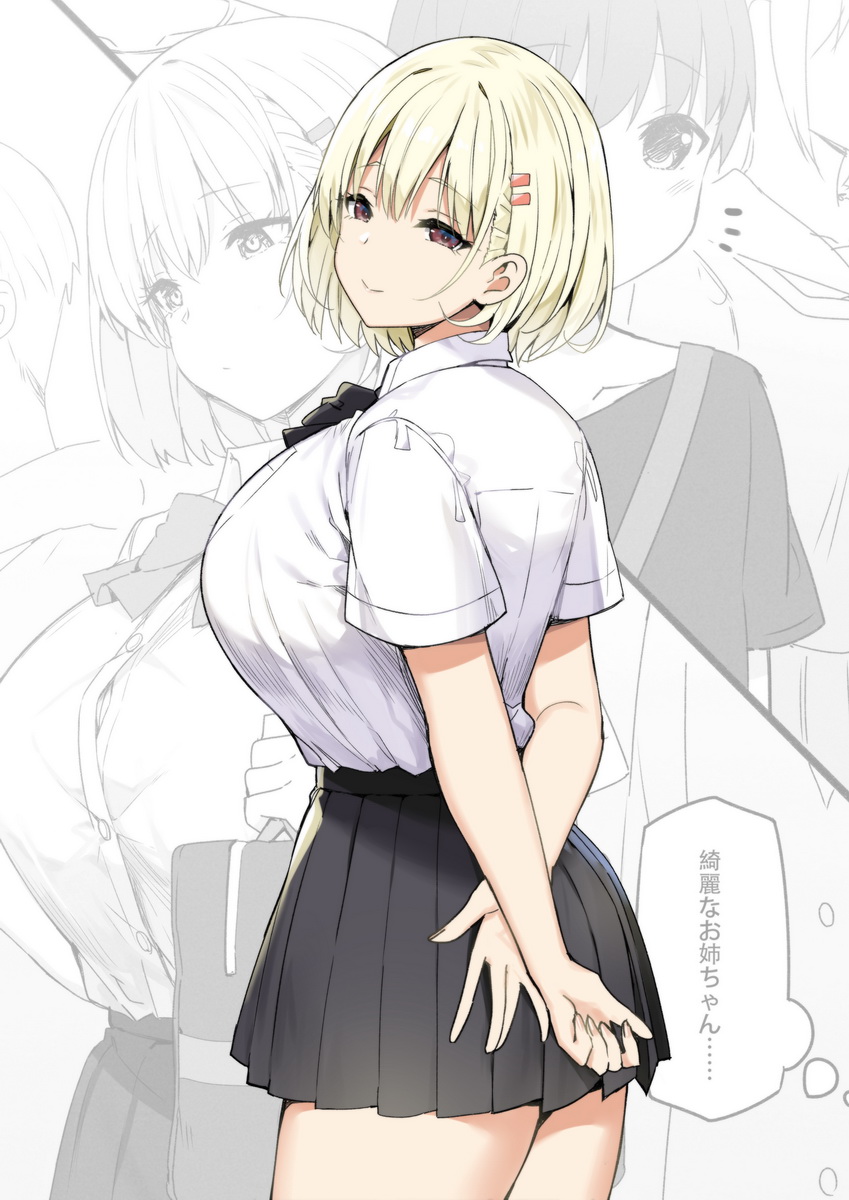 1girls, big breasts, blonde hair, breasts, female, female only, himeko (sky (freedom)), joshi kōsei rich thots, original, school uniform, short hair, skirt, sky (freedom), solo, thick thighs