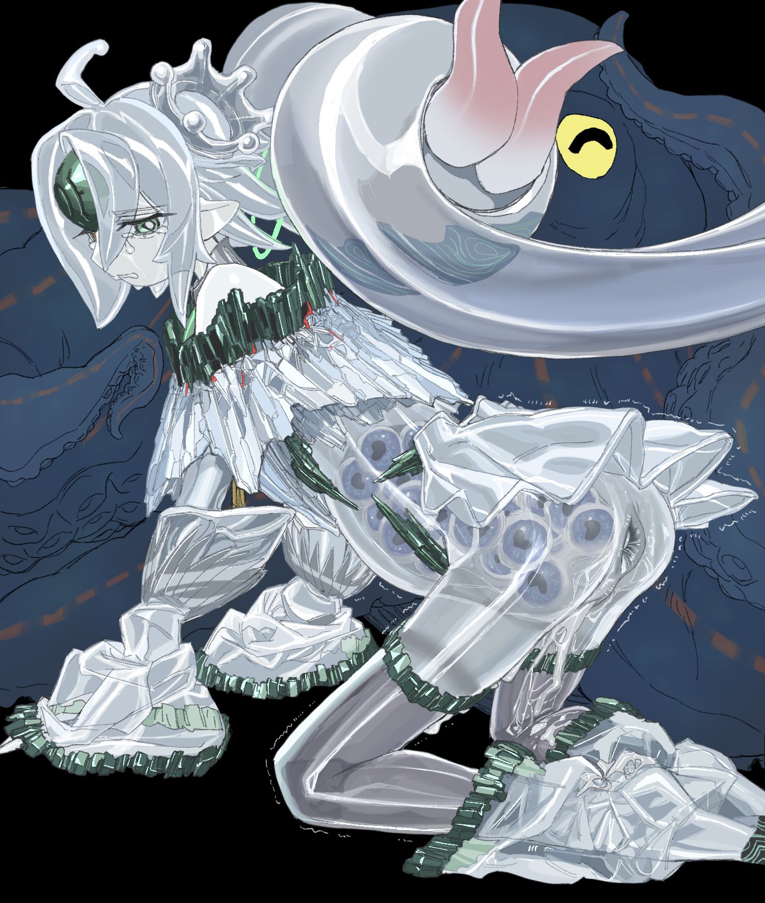 1girls, all fours, anus, ass, behind view, big belly, clothing, colored skin, crying, cum, duel monster, egg laying, eggnant, eggs, female, full body, green eyes, hair ornament, humanoid, icejade aegirine, icejade gymir aegirine, impregnated, inflation, interspecies, laying multiple eggs, monster, monster girl, murasaki kagami, nzla03, orrdriver, pale skin, pale-skinned female, pregnant, pussy, skinny legs, slim, slim female, slim waist, slime girl, small butt, tears, thighhighs, thin thighs, translucent body, transparent, transparent body, trembling, twintails, uterus, x-ray, yu-gi-oh!, yu-gi-oh! duel monsters
