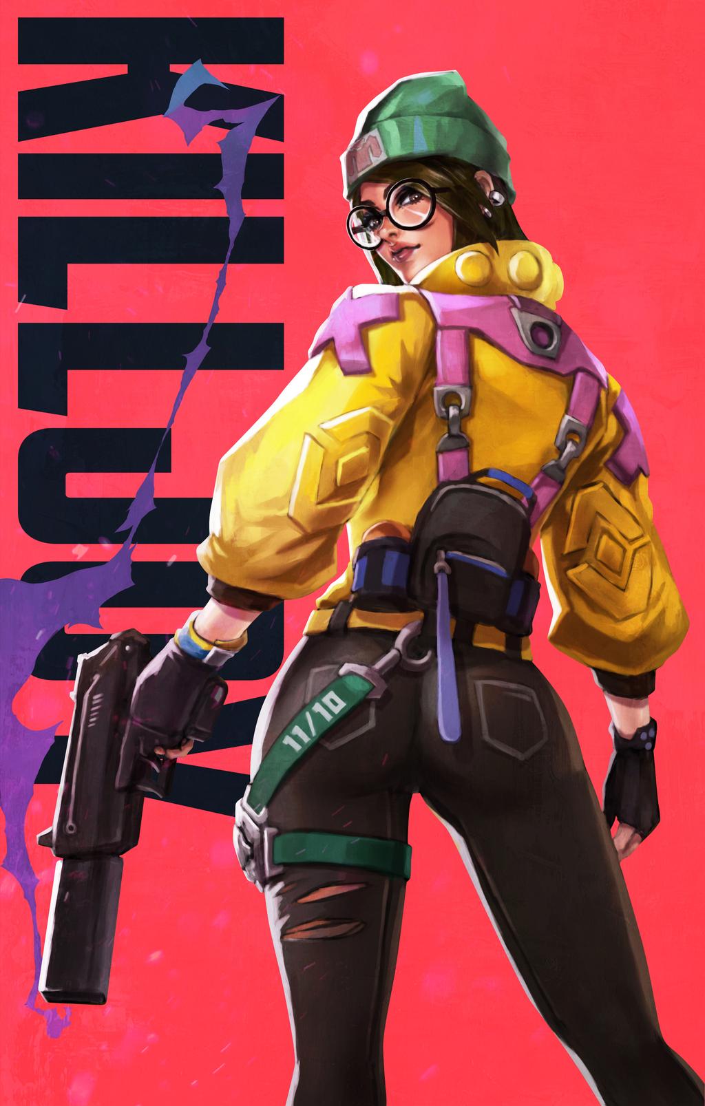 1girls, ass, back view, beanie, brown eyes, brown hair, clothed, clothing, earrings, female, female only, firearm, fully clothed, glasses, gloves, gun, handgun, hat, human, killjoy (valorant), looking at viewer, looking back, monorirogue, pale skin, partially fingerless gloves, simple background, solo, solo female, solo focus, submachine gun, suppressor, torn clothes, valorant, video game character, weapon