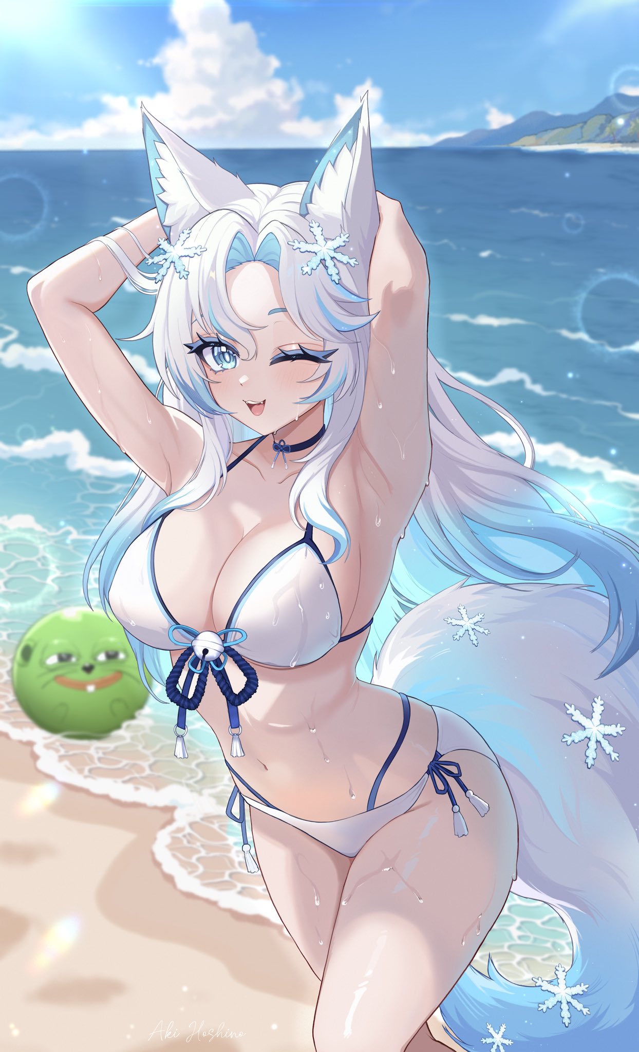 ;d, :d, 1girl, 1girls, aki hoshino, animal ear fluff, animal ears, armpits, arms behind head, beach, bikini, blue eyes, blue hair, blue tail, breasts, cameo, cleavage, commentary, curtained hair, day, female, fox ears, fox girl, fox tail, gradient hair, gradient tail, highres, indie virtual youtuber, large breasts, long hair, looking at viewer, multicolored hair, navel, one eye closed, open mouth, outdoors, pepe the frog, reference, side-tie bikini bottom, smile, smug alana, smugalana, solo, stomach, swimsuit, tail, untranslatable commentary, very long hair, virtual youtuber, vtuber, water, wet, white bikini, white hair, white tail