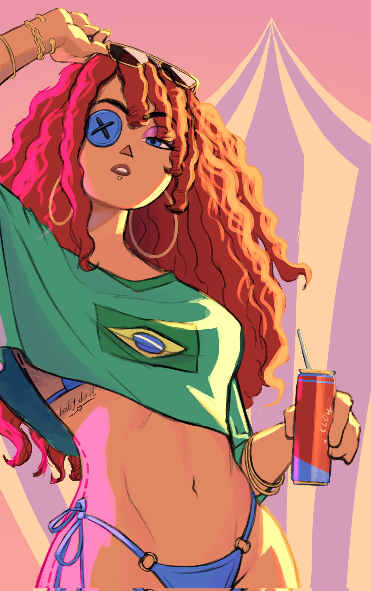 1girls, belly, belly button, bikini, bracelet, bracelets, brazil, brazilian flag, curly hair, curly-haired female, female, female only, grand theft auto, grand theft auto vi, gta vi cover girl, mthsmelo, ragatha (the amazing digital circus), solo, solo female, solo focus, sunglasses, sunglasses on head, the amazing digital circus