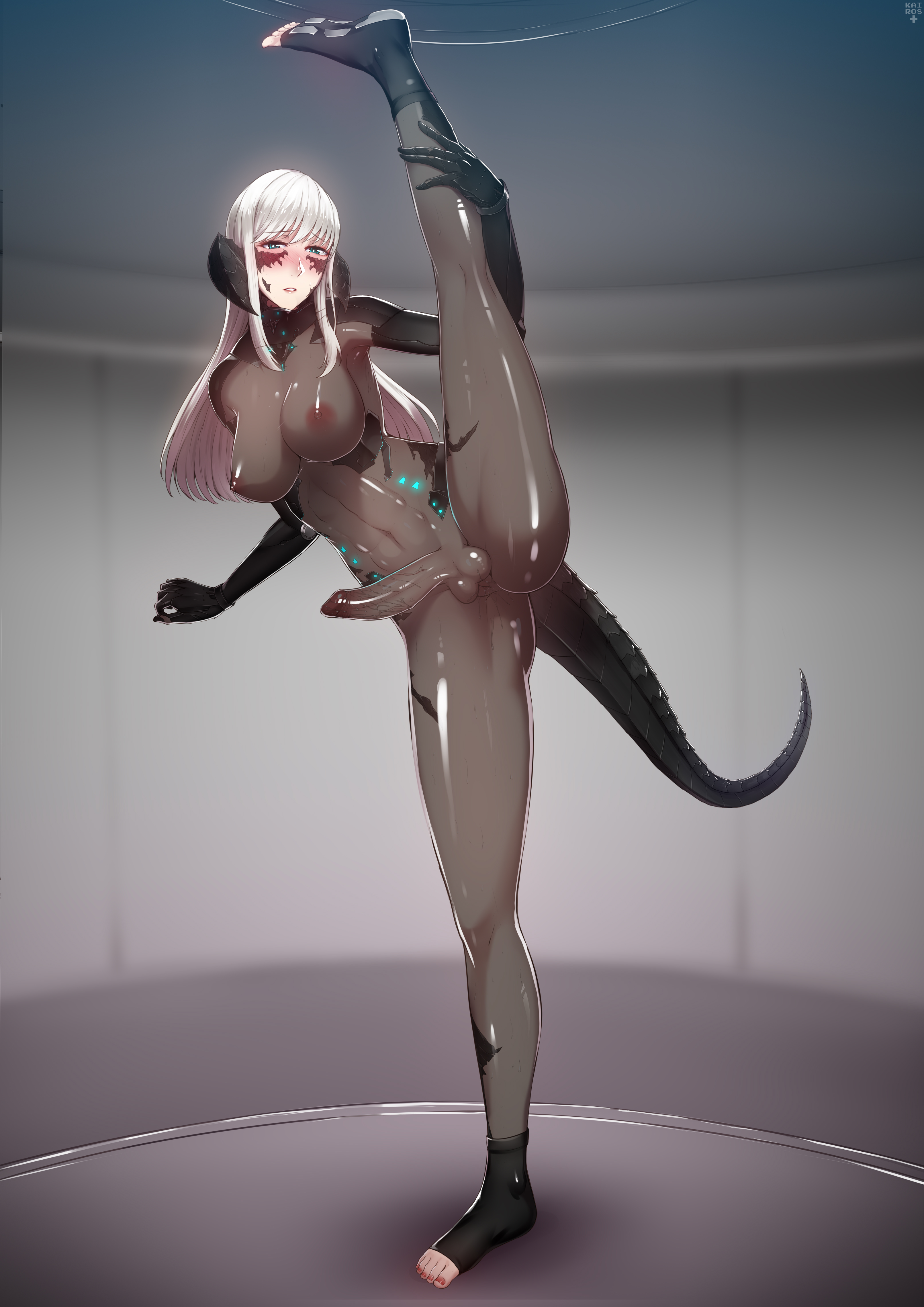 1futa, animal humanoid, animal tail, areolae, au ra, balls, balls in bodysuit, blush, bodysuit, breasts, bulge, erection, final fantasy, final fantasy xiv, full-package futa, futa only, futanari, horn, horns, humanoid, humanoid penis, intersex, kairos+, latex suit, leg lift, leg up, looking at viewer, pale, penis, penis in bodysuit, see-through, solo, solo futa, translucent, white hair, xaela
