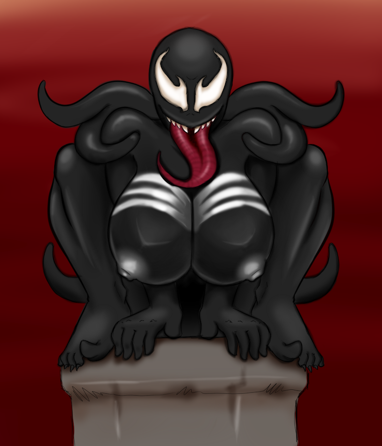 alien big_breasts black_body blackbetty breasts female female_only huge_breasts large_breasts long_tongue marvel marvel_comics nipples pedestal perching_position prehensile_tongue red_background red_tongue sharp_teeth she-venom simple_background spider-man_(series) symbiote teeth tendrils tentacle thick thighs tongue venom venom_(marvel) white_eyes