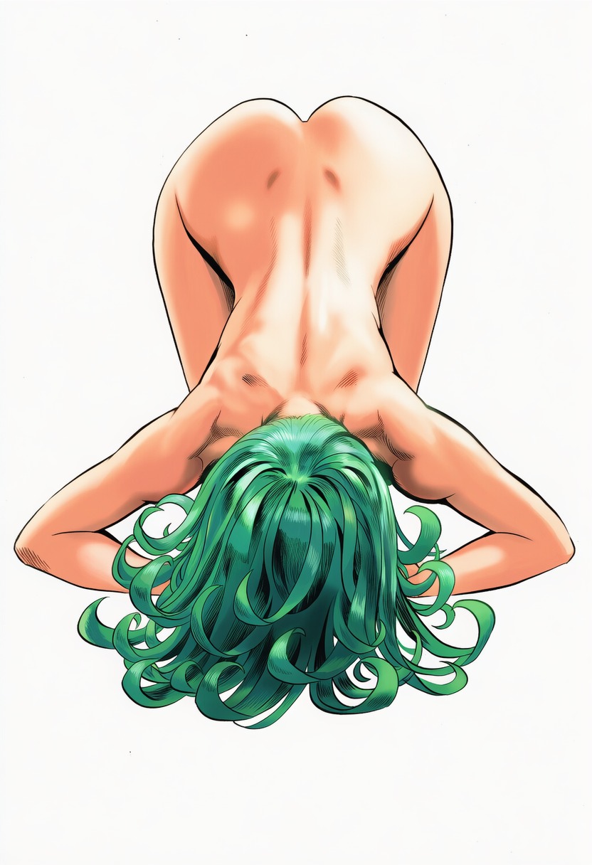 1girls, 2d, accurate art style, accurate body type, ai generated, ai-created, all fours, ass, ass focus, ass up, back, back view, bare arms, bare back, bare legs, bare shoulders, bowing, cel shading, completely nude, completely nude female, curly hair, dimples of venus, dogeza, doggy position, face down ass up, female, female focus, female only, flipped hair, full body, green hair, head down, high resolution, highres, jack-o pose, knees to chest, light skin, light-skinned female, line art, looking down, manga style, median furrow, murata yuusuke (style), nude, nude female, official style, one-punch man, petite, shiny hair, shiny skin, short hair, shoulder blades, simple background, skinny, skinny female, slender body, slender waist, small breasts, solo, solo female, solo focus, submissive, tatsumaki, toned, toned female, top-down bottom-up, white background