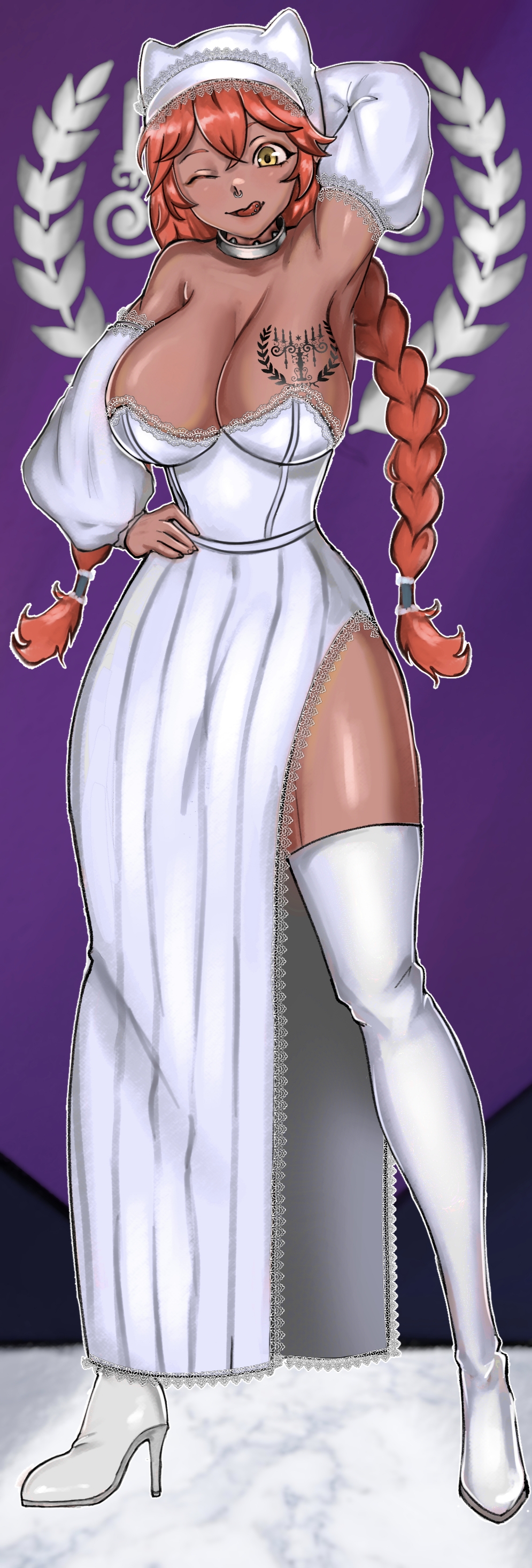 1female, 1furry, 1girl, 1girls, 1humanoid, 1woman, 2026, 2d, alternate costume, anime, athletic, athletic female, athletic girl, athletic woman, bad end, big breasts, breasts, clothed female, clothed woman, collar, costume, dark skin, dark-skinned female, dress, female, female only, female solo, furry, furry female, furry girl, furry only, furry solo, furry woman, girl, girl only, girl solo, high boots, kanori11, large breasts, long hair, looking at viewer, lupusregina beta, metal collar, no ai, no humans, no navel, no nude, no sex, nose piercing, only, only female, only furry, only girl, only woman, overlord, overlord (maruyama), pierced nose, pierced tongue, piercing, piercing nose, piercings, prostitute, prostitution, pubic tattoo, red hair, slave, slave collar, slave furry, slave girl, slave tattoo, slutty female, slutty girl, smile, smiling at viewer, solo, solo female, solo furry, solo girl, solo woman, tan skin, tan skinned female, tattoo, tongue, tongue out, tongue piercing, werewolf, werewolf girl, white boots, white clothing, white costume, white dress, wolf, wolf female, wolf girl, wolf humanoid, wolf woman, woman, woman only, woman solo, yellow eyes