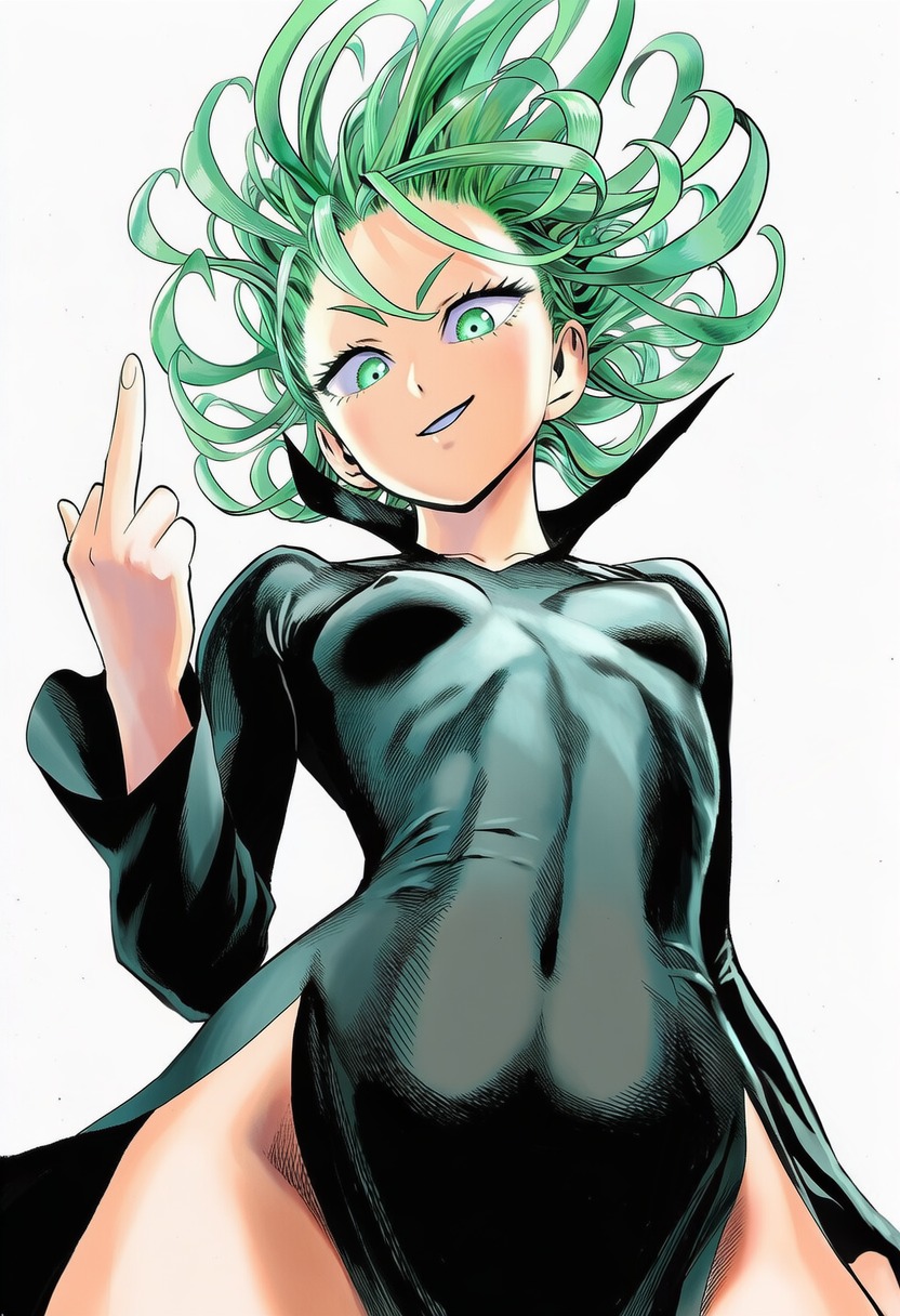 1girls, 2d, accurate art style, accurate body type, ai generated, arm at side, bare legs, bare thighs, black dress, breasts, breasts apart, cel shading, clothed, clothing, collarbone, collared dress, covered navel, covered nipples, cowboy shot, curly hair, erect nipples under clothes, eyelashes, female, female focus, female only, flipped hair, flipping off, floating hair, flowing hair, forehead, foreshortening, from below, front view, green dress, green eyes, green hair, grin, hair between eyes, hand gesture, hand up, head tilt, high collar, high resolution, high slit dress, highres, light skin, light-skinned female, line art, long sleeves, looking at viewer, looking down, looking down at viewer, low-angle view, manga style, middle finger, murata yuusuke (style), navel, nipples, no bra, no panties, official style, one-punch man, parted lips, pelvic curtain, perky breasts, perspective, petite, shiny clothes, shiny hair, shiny skin, short hair, side slit, simple background, skin tight, skinny, skinny female, slender body, slender waist, small breasts, smile, solo, solo female, solo focus, standing, stomach, tatsumaki, taut clothes, taut dress, thighs, tight clothing, tight dress, upper body, v-shaped eyebrows, viewed from below, white background